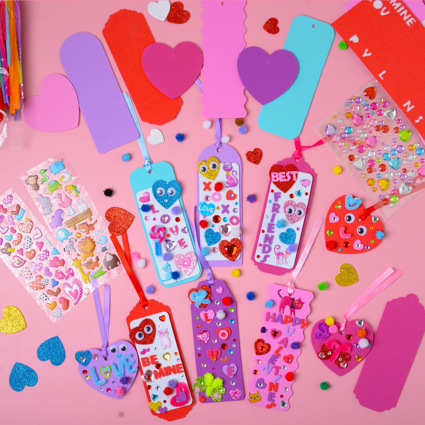 YIYEE 36 Sets Valentines Day Crafts for Kids, DIY Foam Bookmarks Valentine Cards Craft Kit for Kids Craft Hanging Ornament, Valentines Activities