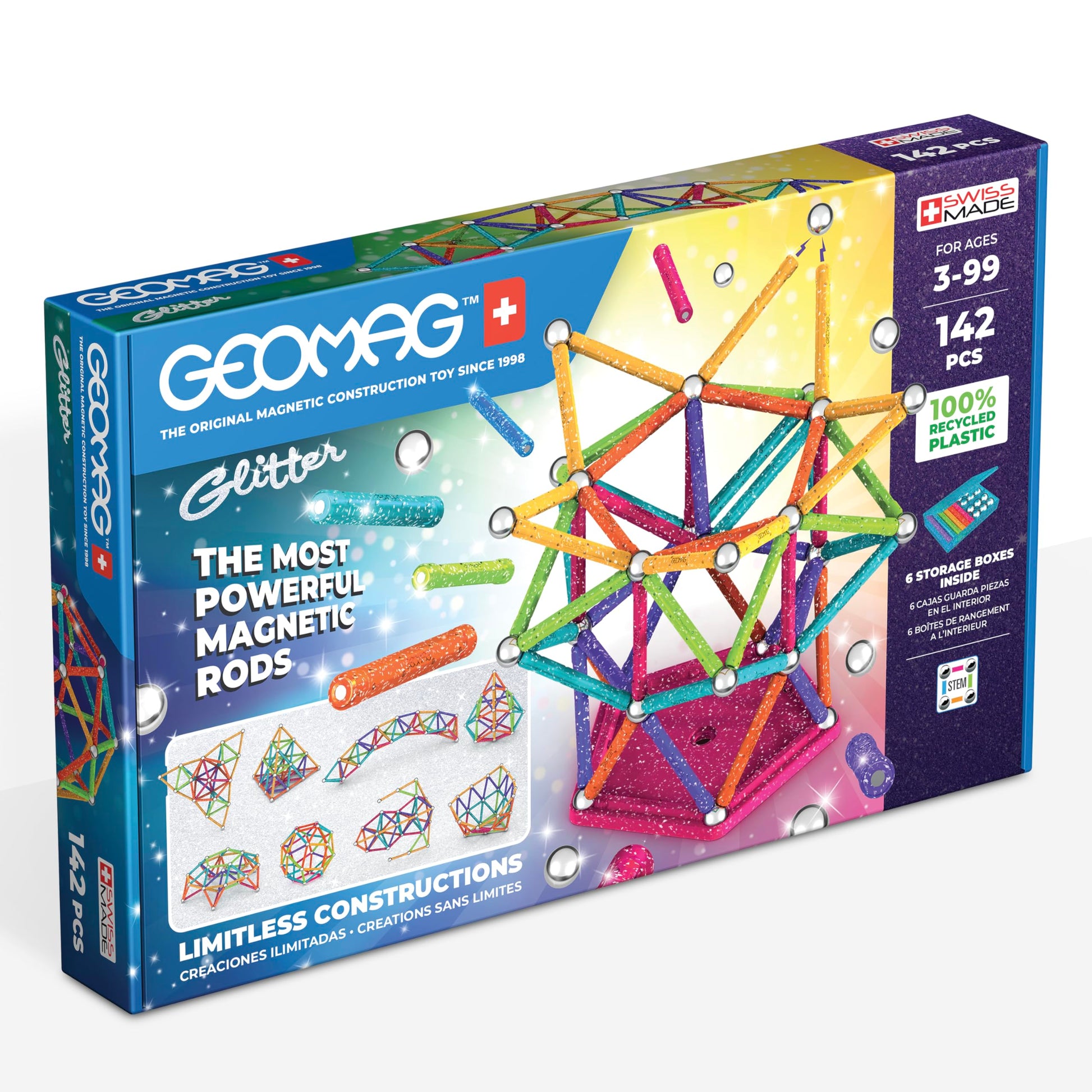 Geomag Classic Glitter 142-pc Magnetic Construction Set for Kids Ages 3 and Up | Swiss-Made STEM Educational Toy Made from 100% Recycled Plastic |