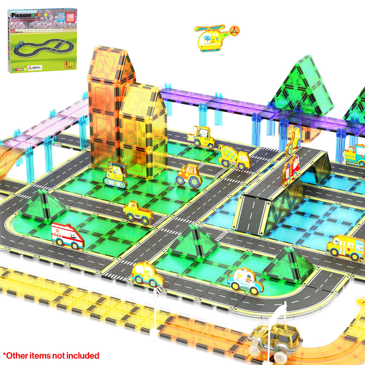 PicassoTiles Magnetic Building Tiles Car Track Magnet Vehicle Adventure Theme Printed Street Road Runway Speedway Highway Block Construction Expansion