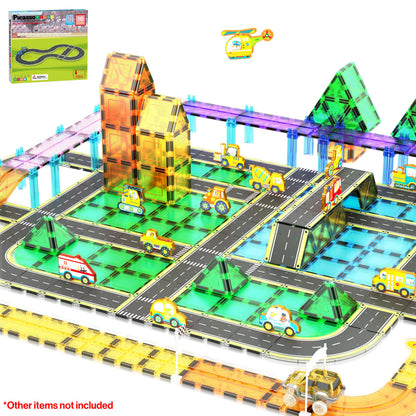 PicassoTiles Magnetic Building Tiles Car Track Magnet Vehicle Adventure Theme Printed Street Road Runway Speedway Highway Block Construction Expansion