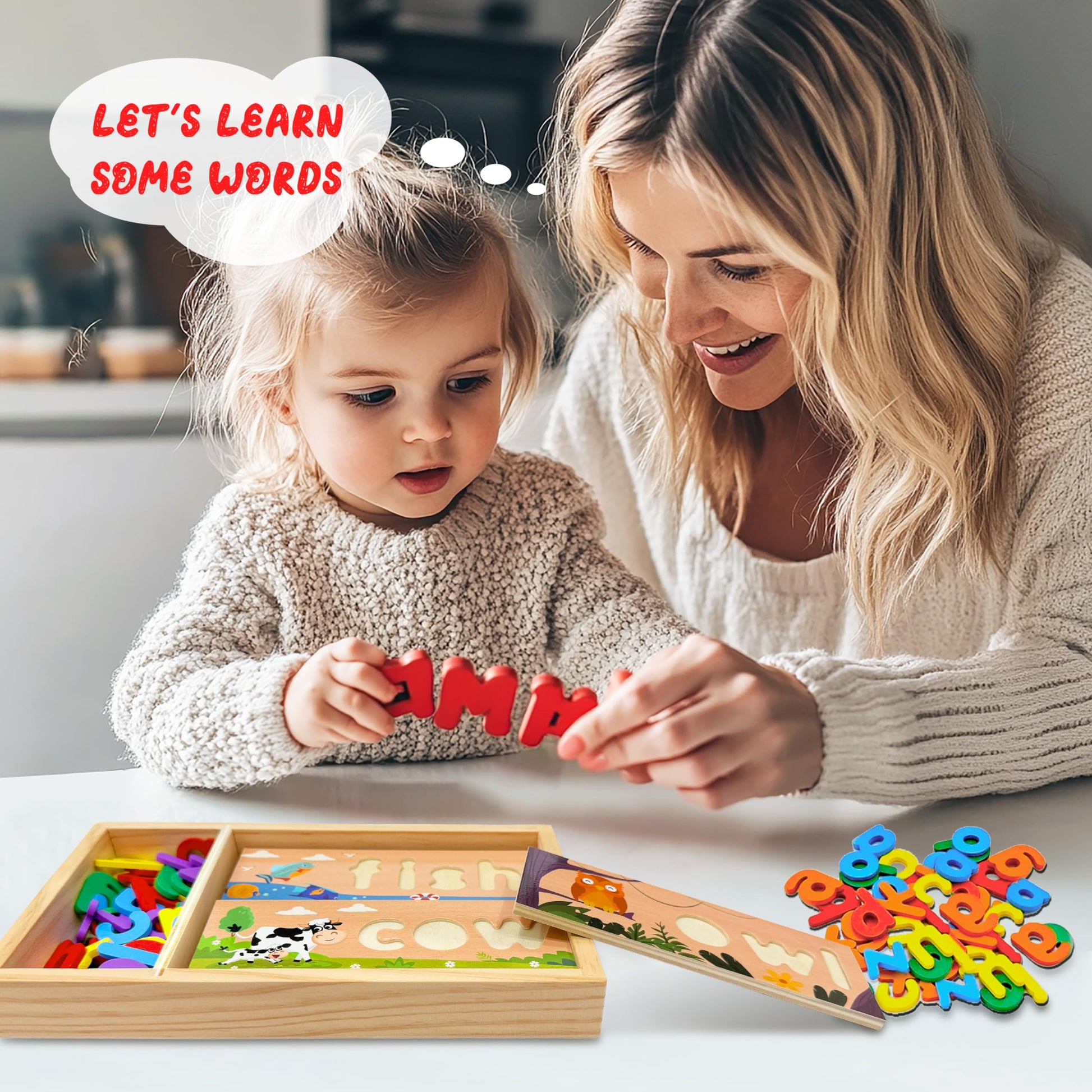 Wooden See and Spell Word Game Learning Toys for Kids 3-6 Puzzle Board