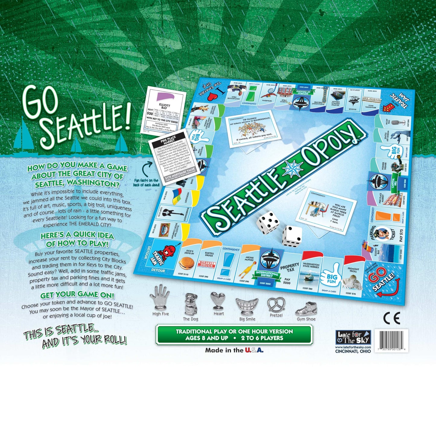 Late for the Sky Seattle-Opoly Board Game, Property Trading Family Game, 2-6 Players, City Landmarks, Opoly-Style, Travel Souvenir