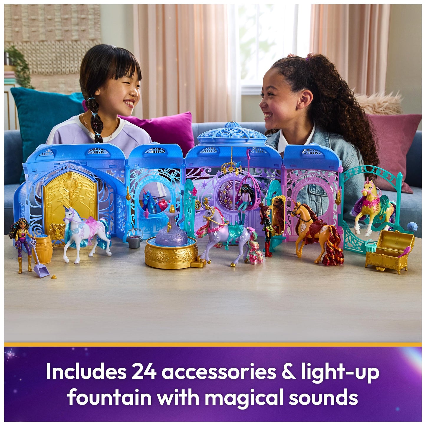 Unicorn Academy - Stable Play Set 90 cm Including Fountain with Light and Sound Effects, Approx. 12 cm Unicorn and 24 Accessories, Original Playset