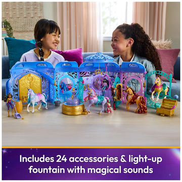 Unicorn Academy - Stable Play Set 90 cm Including Fountain with Light and Sound Effects, Approx. 12 cm Unicorn and 24 Accessories, Original Playset