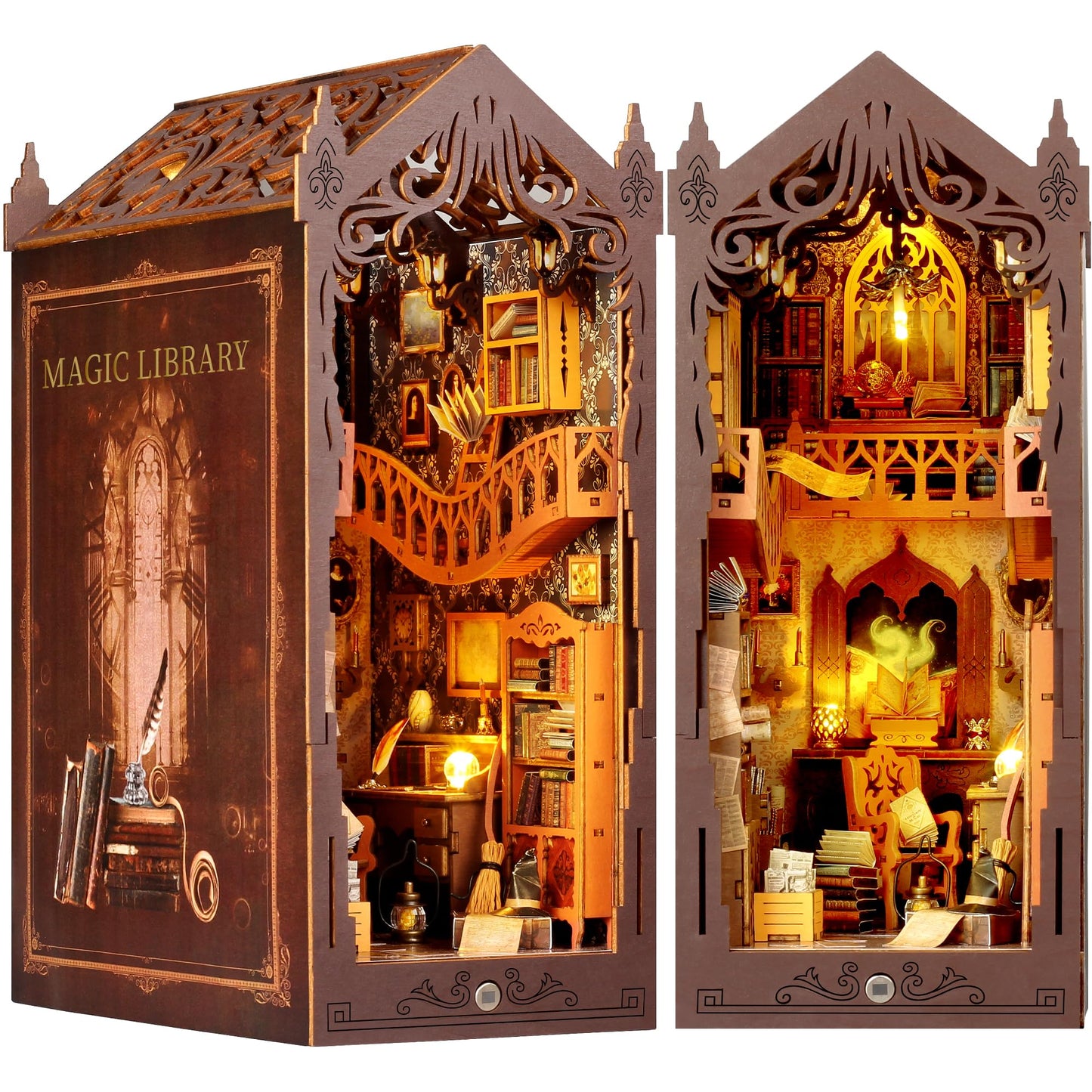 Book Nook Kit - DIY Miniature House Kit for Adults, Teens and Beginners, Magic Library 3D Wooden Puzzle Insert Decor with LED Light, Shelf Miniature