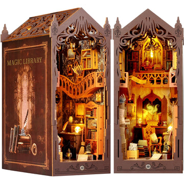 Book Nook Kit - DIY Miniature House Kit for Adults, Teens and Beginners, Magic Library 3D Wooden Puzzle Insert Decor with LED Light, Shelf Miniature