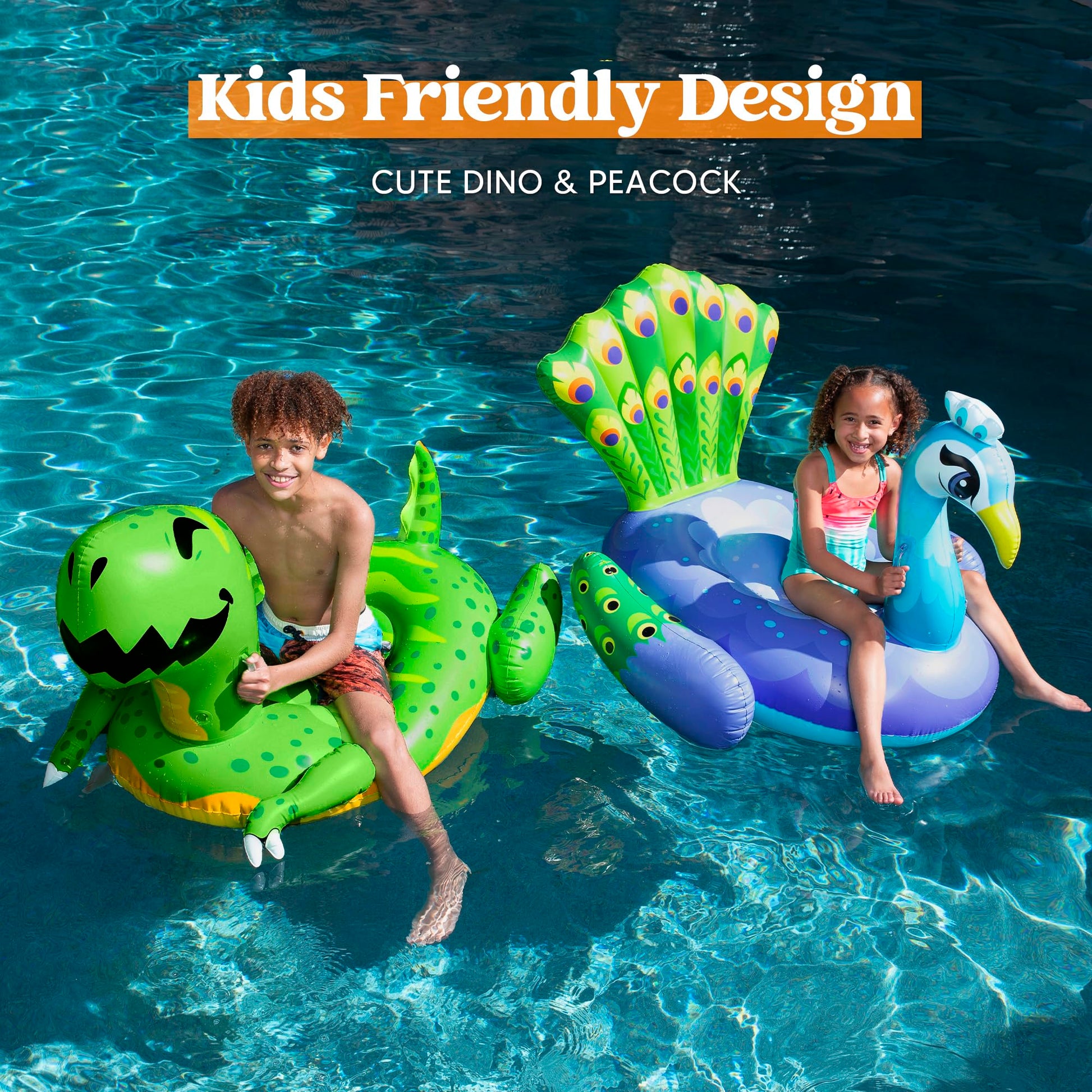 Sloosh 2-Pack Inflatable Dinosaur & Peacock Pool Floats Set, Fun Beach Floaties for Swim Party Decorations Toys, Inflatable Island, Summer Pool Raft
