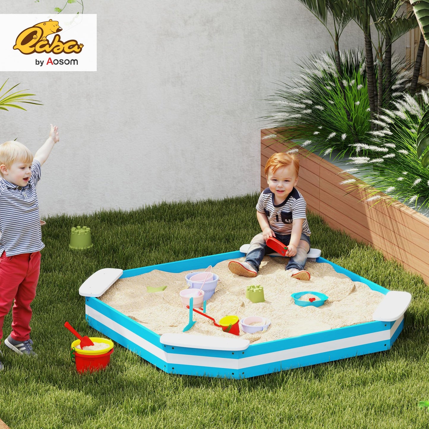 Qaba Kids Sandbox with 4 Corner Seats Bottom Liner 52" x 52" x 6" Blue