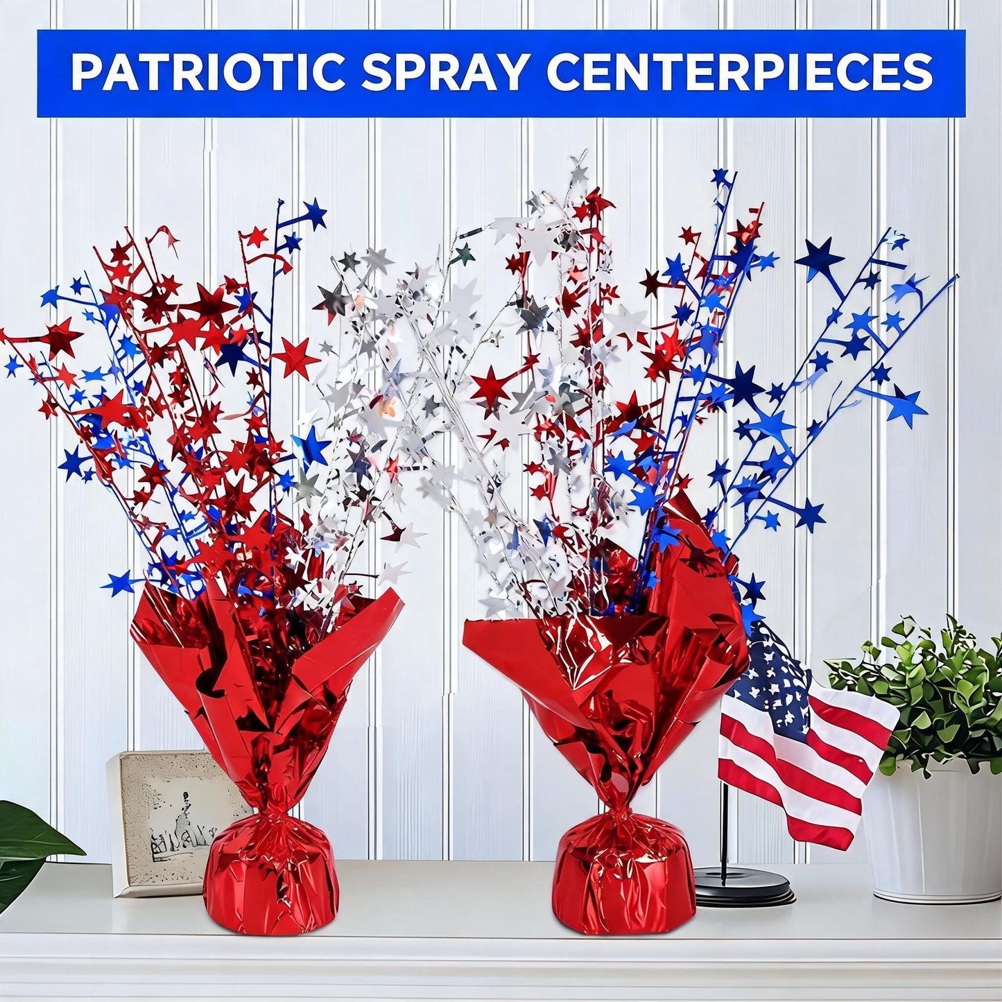 6 Pack 4th of July Table Centerpiece Decoration, Metallic Foil Spray Star Burst Patriotic Decor for 250th Anniversary Independence Day, Holiday