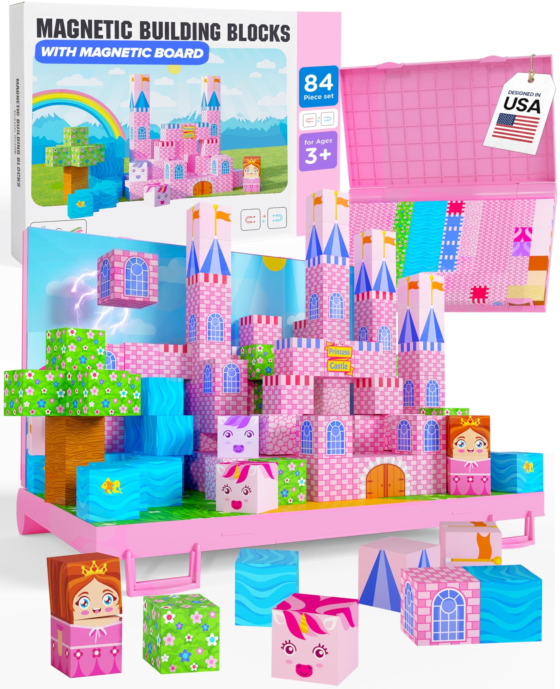 Magnetic Building Blocks for Kids with Magnetic Storage Board - Princess Castle Magnet Cubes Toy Building Set - Gift-Ready 84-Piece Pixy Stacking STEM