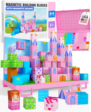 Magnetic Building Blocks for Kids with Magnetic Storage Board - Princess Castle Magnet Cubes Toy Building Set - Gift-Ready 84-Piece Pixy Stacking STEM