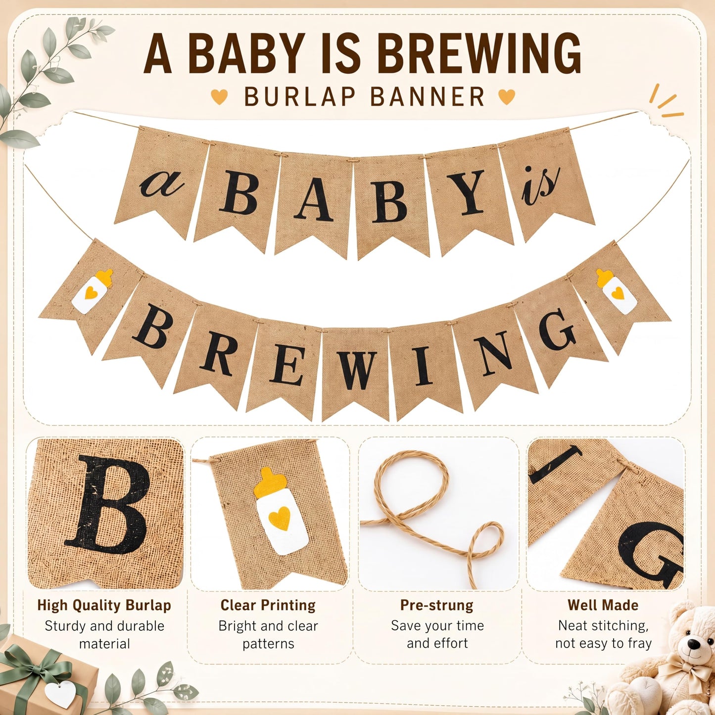 Boao A Baby Is Brewing Banner, Diaper Party Decoration, Coffee Themed Baby Shower Banner for Gender Reveal Celebration Brown Decoration Party
