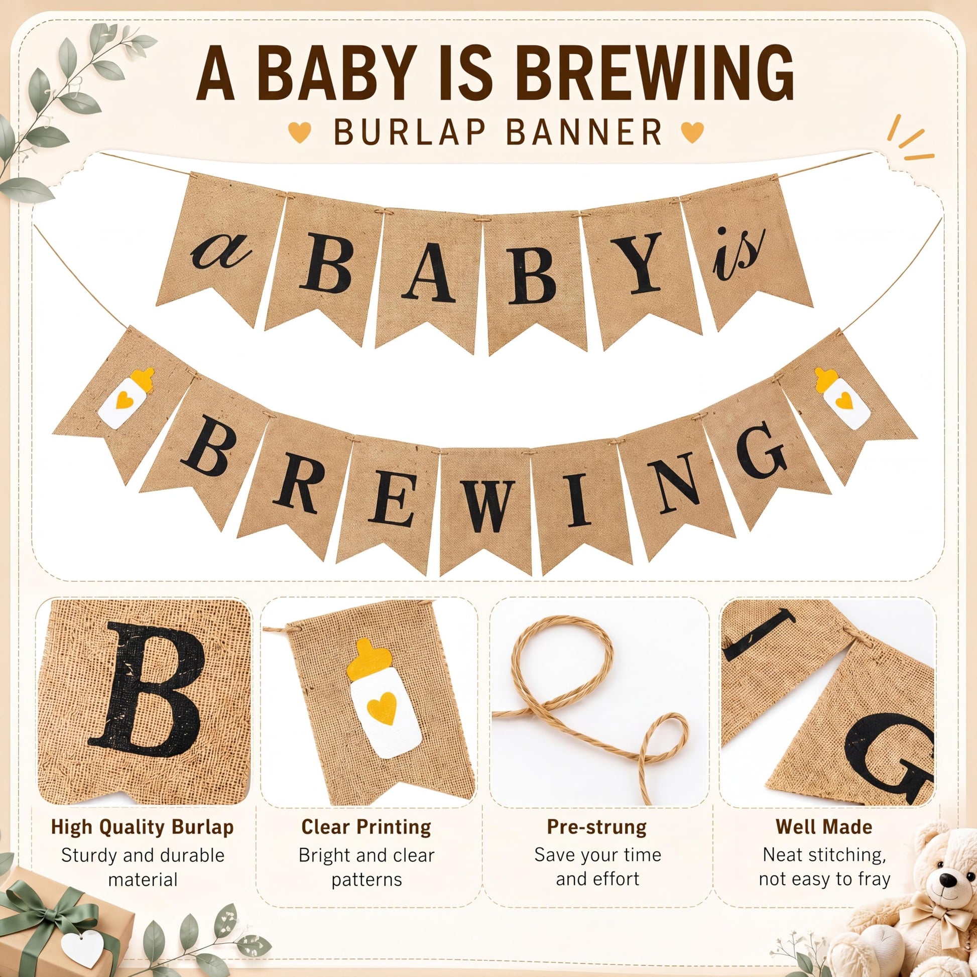 Boao A Baby Is Brewing Banner, Diaper Party Decoration, Coffee Themed Baby Shower Banner for Gender Reveal Celebration Brown Decoration Party