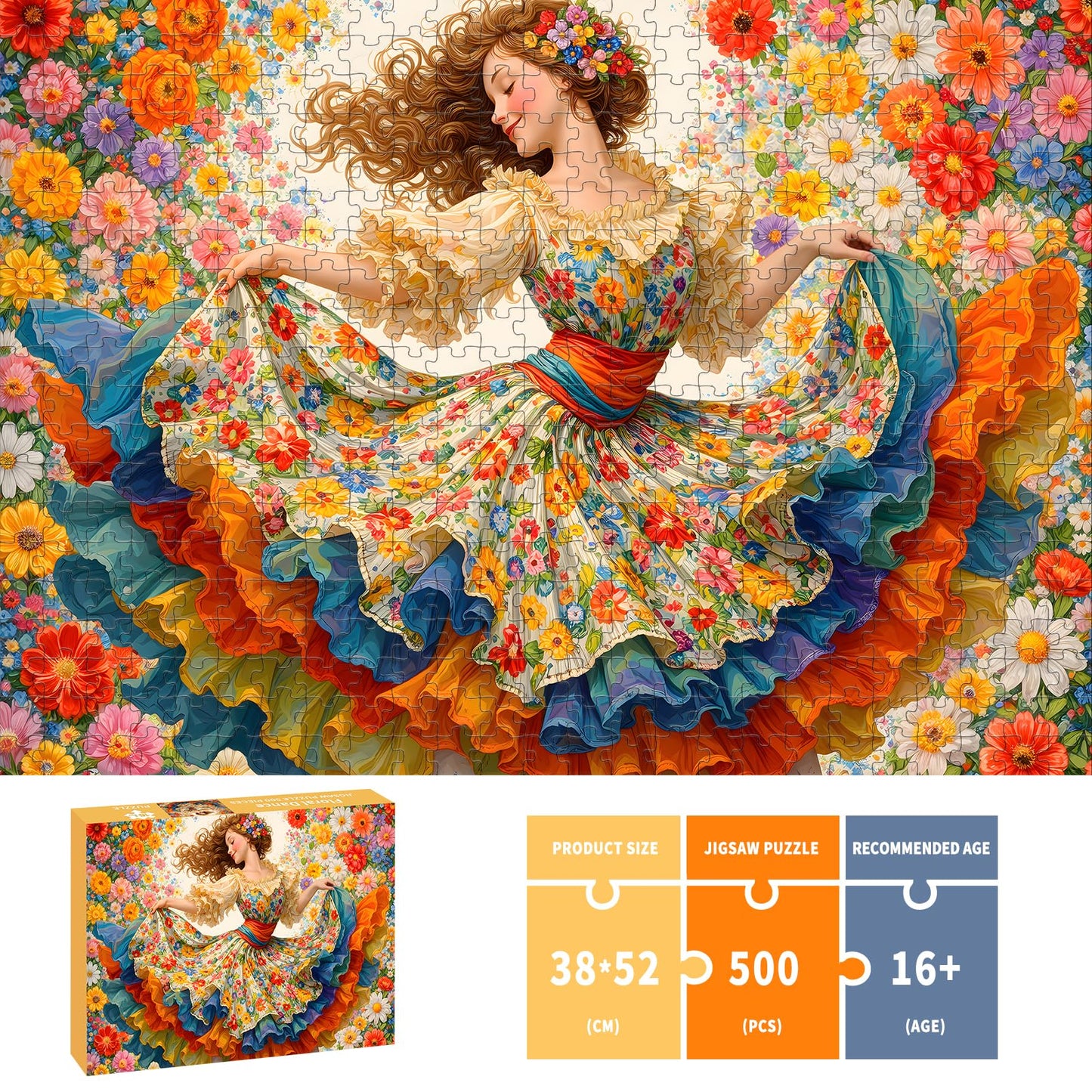 Puzzles for Adults 500 Pieces, Flower Dress Jigsaw Puzzles - Floral Dance, Impossible Flower Puzzle for Seniors Families, 20.47x14.96 Inches, 1:1