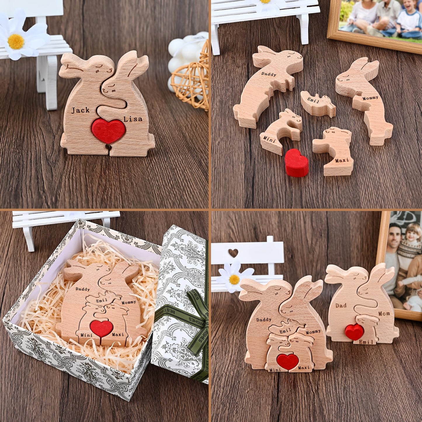 Personalized Wood Puzzles with Family Names Custom Wooden Animal Ornament for Home Decor Gifts for Mom Dad Grandparents Birthday Mother's Day