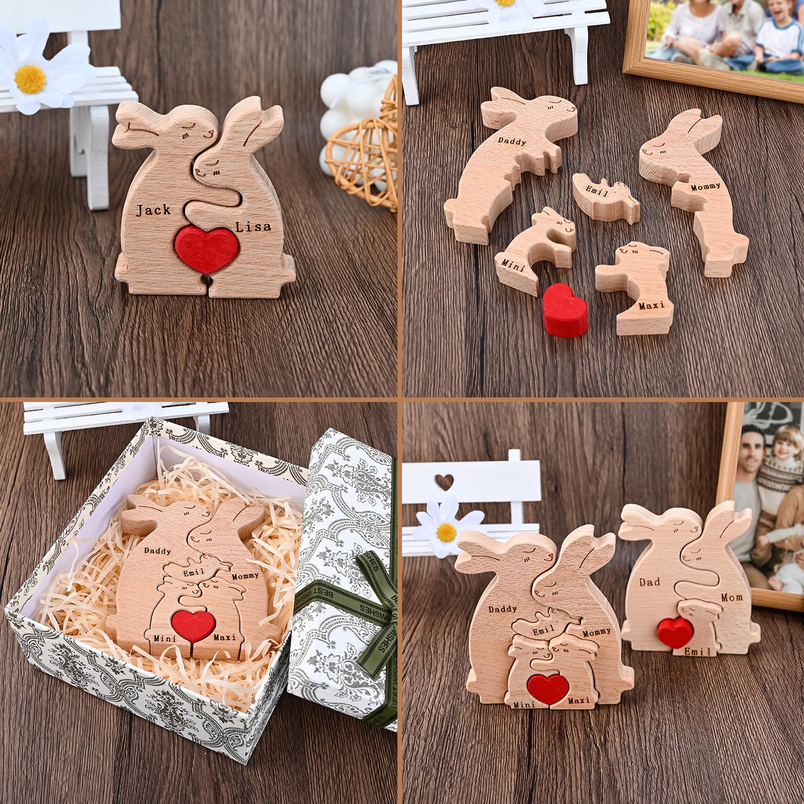 Personalized Wood Puzzles with Family Names Custom Wooden Animal Ornament for Home Decor Gifts for Mom Dad Grandparents Birthday Mother's Day