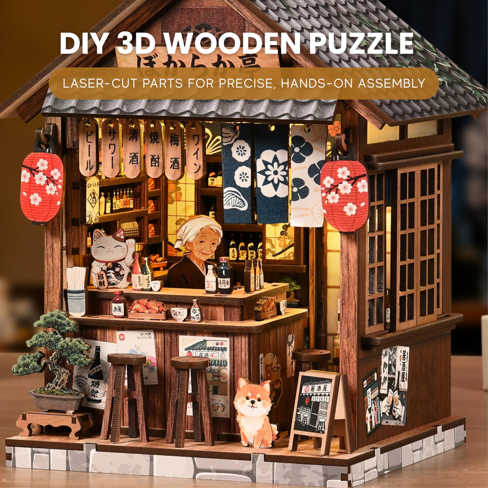 DIY Book Nook Kit for Adults, The Mellow Pub Miniature House Kit, 3D Wooden Puzzle with Touch LED Light, Japanese Style Bookshelf Insert Decor