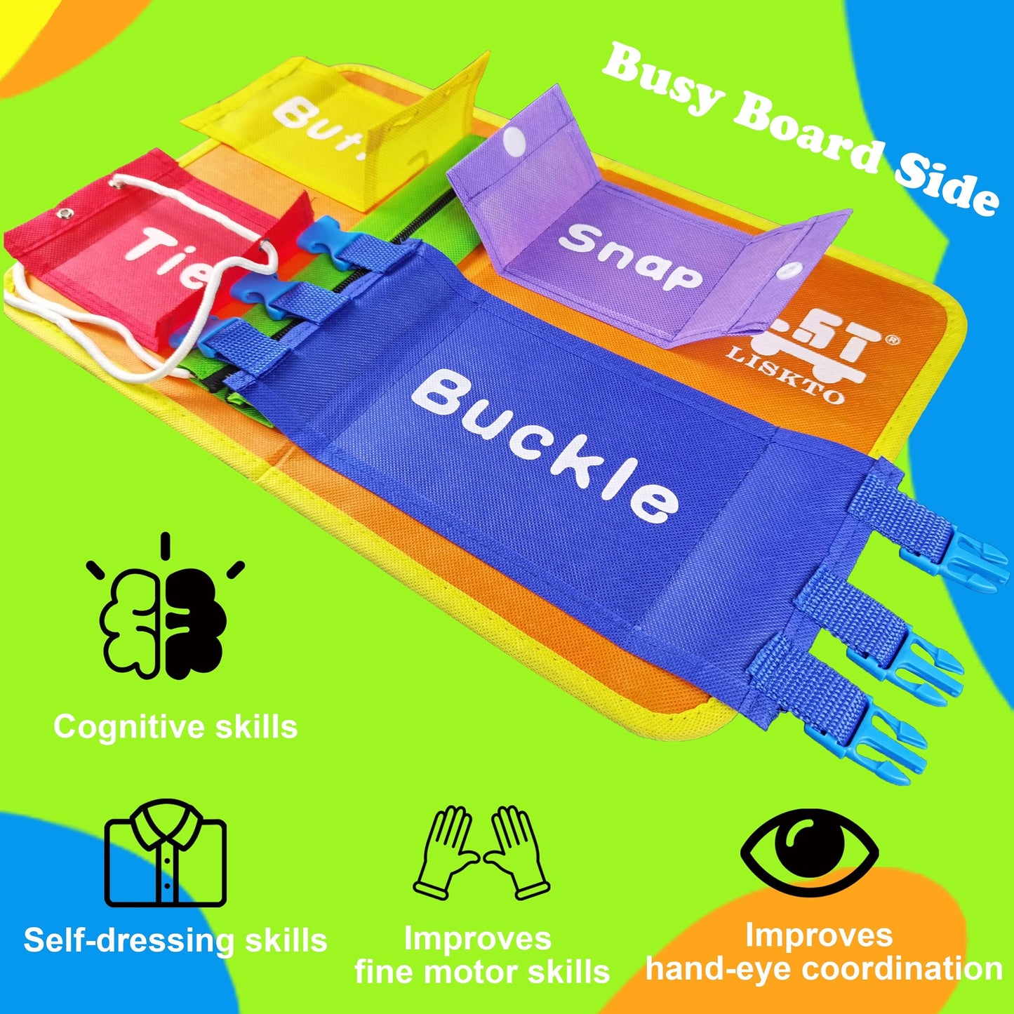 LST LISKTO Montessori Toys Busy Board Shoe Tie Practice for Kids: Gift for Toddlers Learn to Tie, Buckle, Lace, Zip, etc.Lead to Independence,Activity