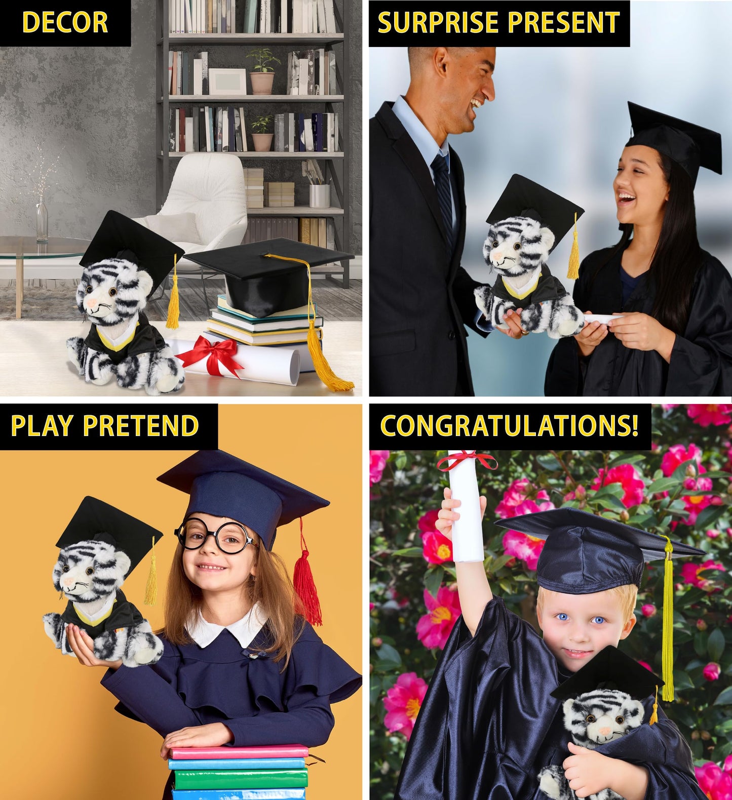 DolliBu Squat White Tiger Graduation Plush Toy - Soft Tiger Plush Graduation Stuffed Animal Dress Up with Gown & Cap with Tassel Outfit - Gift
