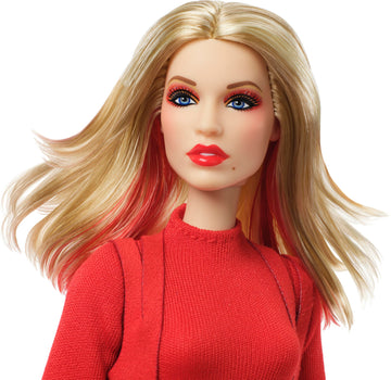 Barbie Signature Doll, Kylie Minogue Posable Collectible in “Padam Padam” Music Video Outfit with Red Bodysuit, Chiffon Cape and Lace-Up Boots