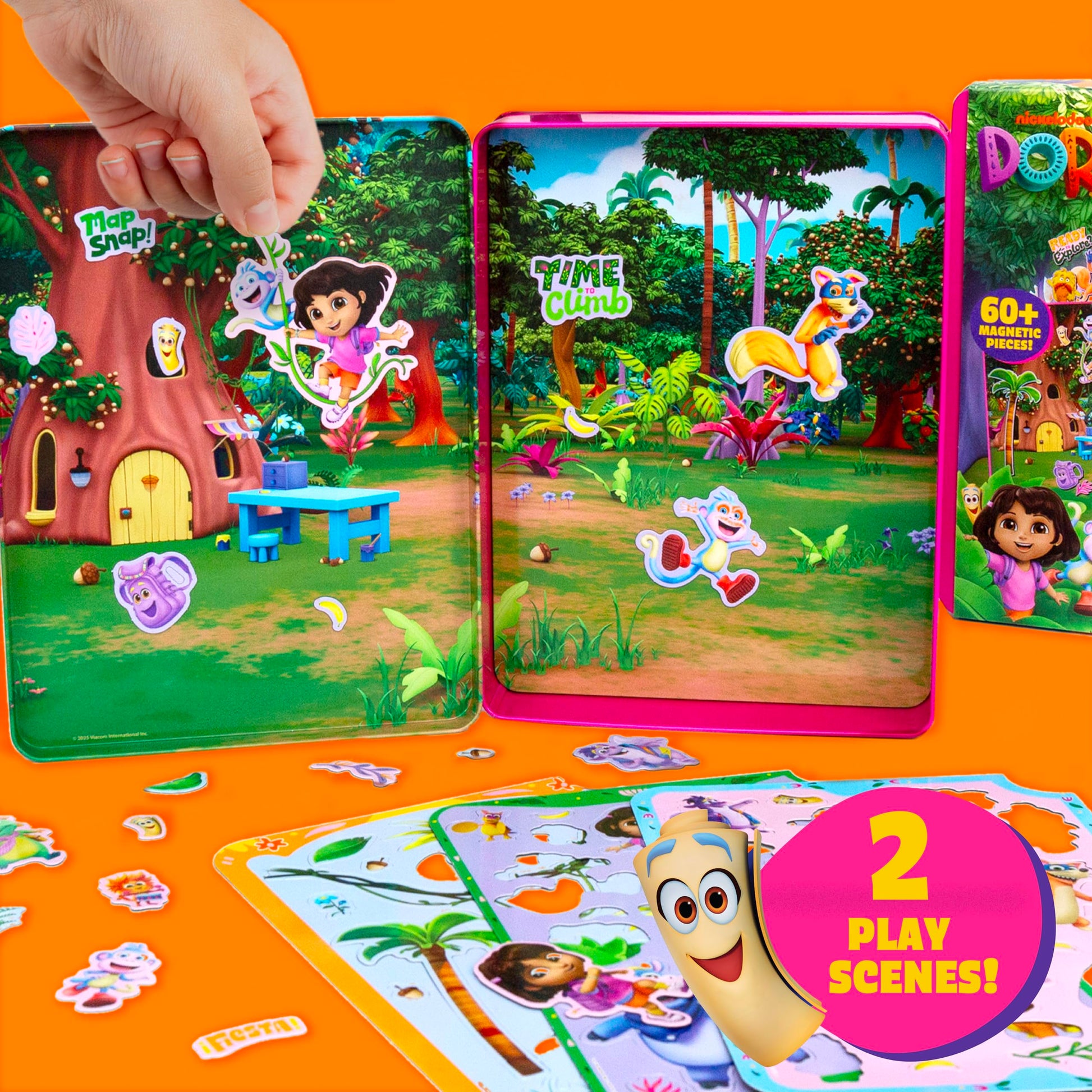 Dora Magnetic Playset, 75 Characters & Accessories, Reusable Storage Tin and Play Scene, Fun Toddler Toys, Mess Free Airplane Toy, Travel Games & Road