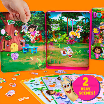 Dora Magnetic Playset, 75 Characters & Accessories, Reusable Storage Tin and Play Scene, Fun Toddler Toys, Mess Free Airplane Toy, Travel Games & Road