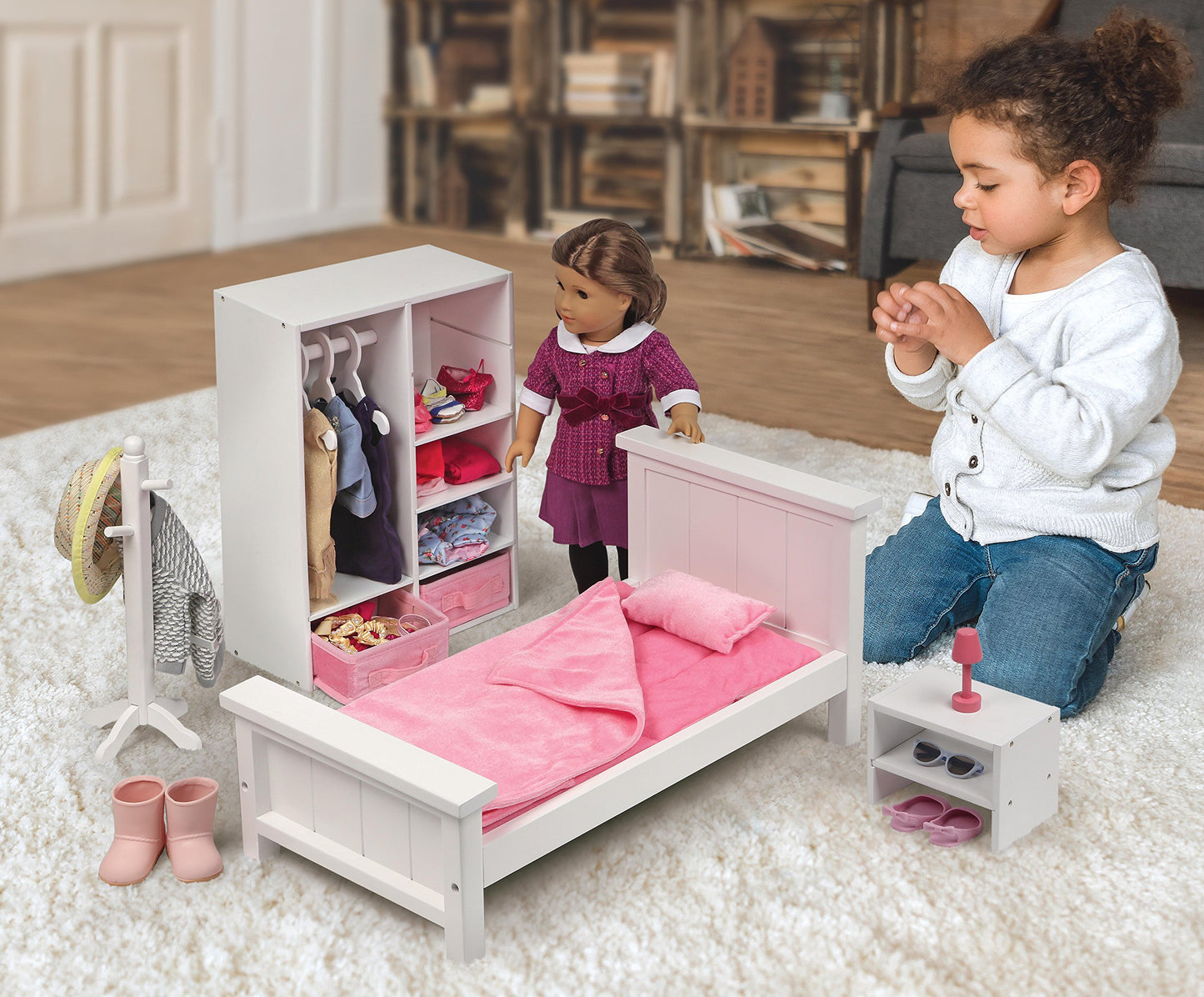 Badger Basket 13-Piece Bedroom Furniture Set for 18 Inch Dolls - Includes Bed, Armoire, Nightstand & Accessories
