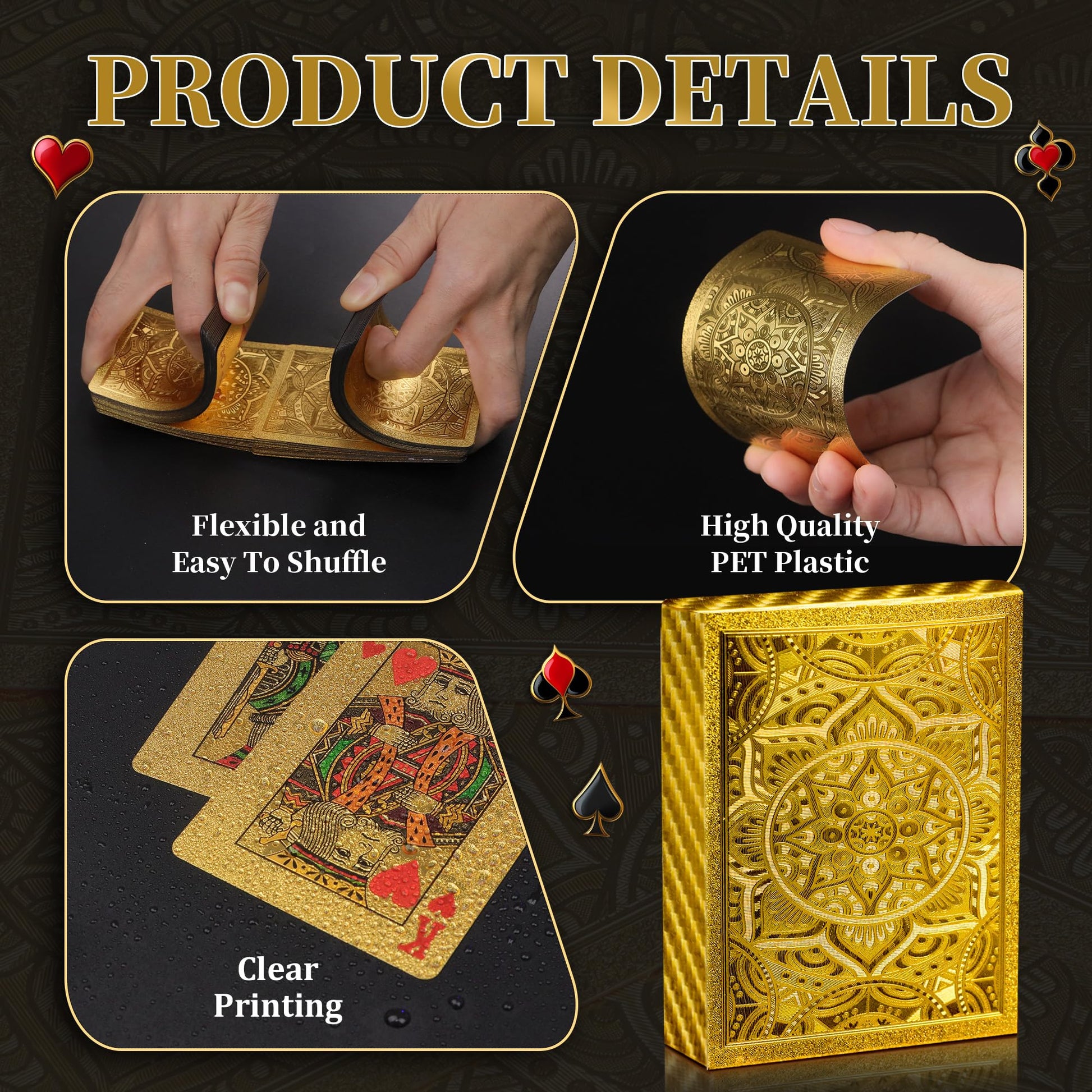 Gold Playing Cards, Plastic Playing Cards Waterproof, Deck of Cards, Standard Playing Card for Adults, Cool Premium Poker Card Set for Family Game