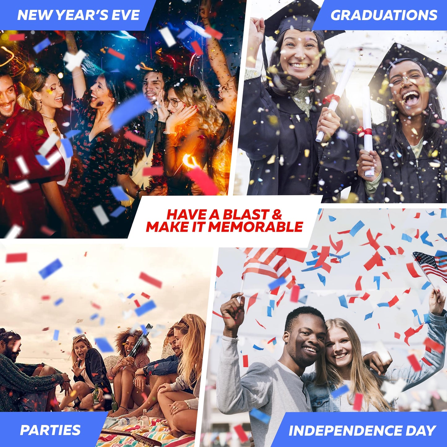 16" America Confetti Cannons | Red White & Blue Confetti Poppers [6 Pack] Biodegradable Paper, Party Poppers for Independence Day/July 4th, Patriotic