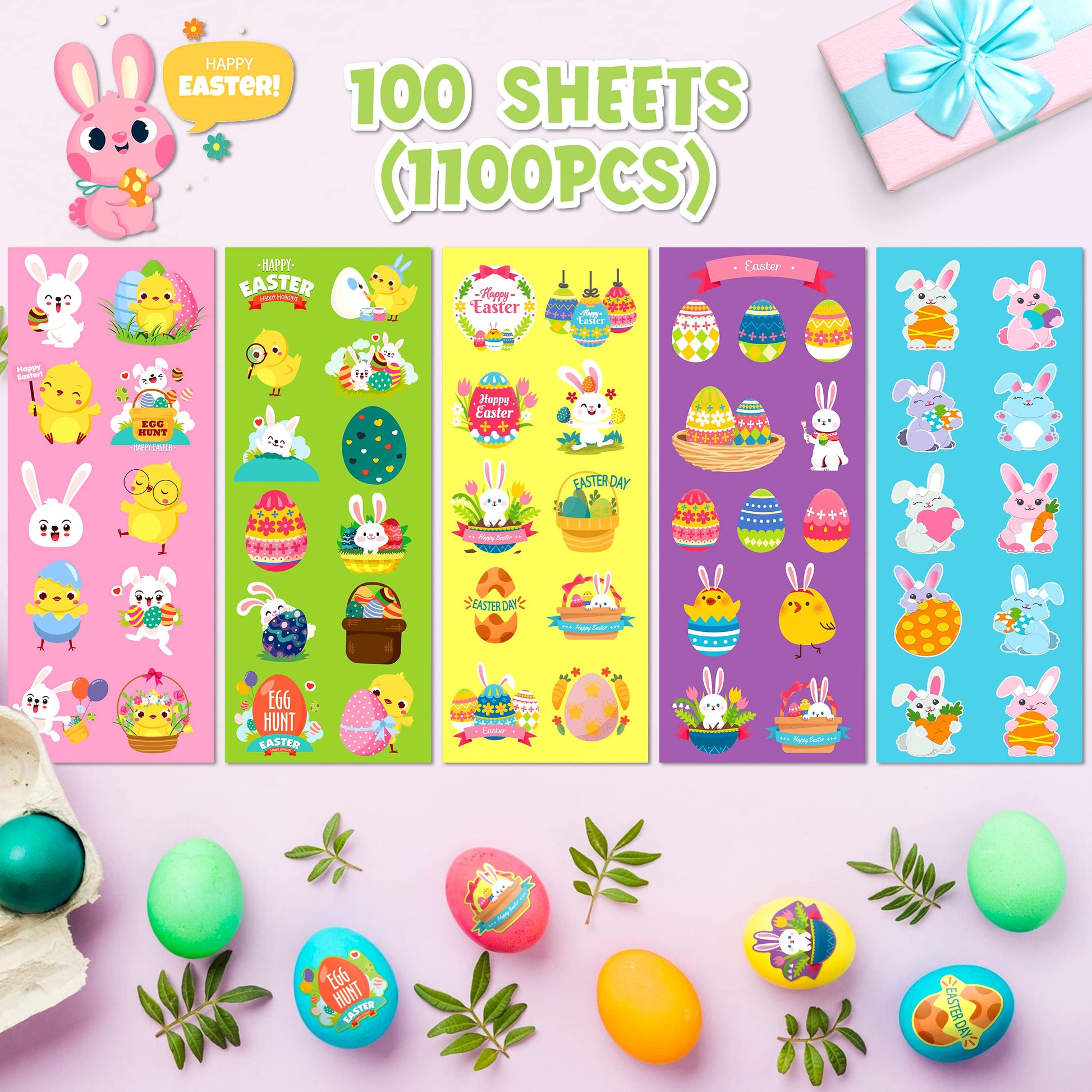 LINAYE 100 Sheets Easter Stickers for Kids - 1100PCS Assorted Easter Stickers Bulk for Egg Treats Basket Stuffers Gift Party Favor Supplies for Kids