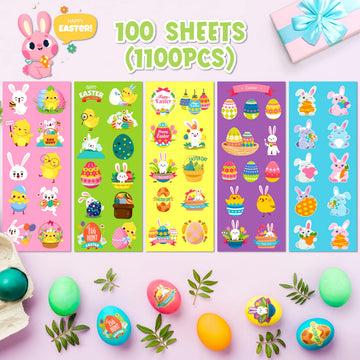 LINAYE 100 Sheets Easter Stickers for Kids - 1100PCS Assorted Easter Stickers Bulk for Egg Treats Basket Stuffers Gift Party Favor Supplies for Kids