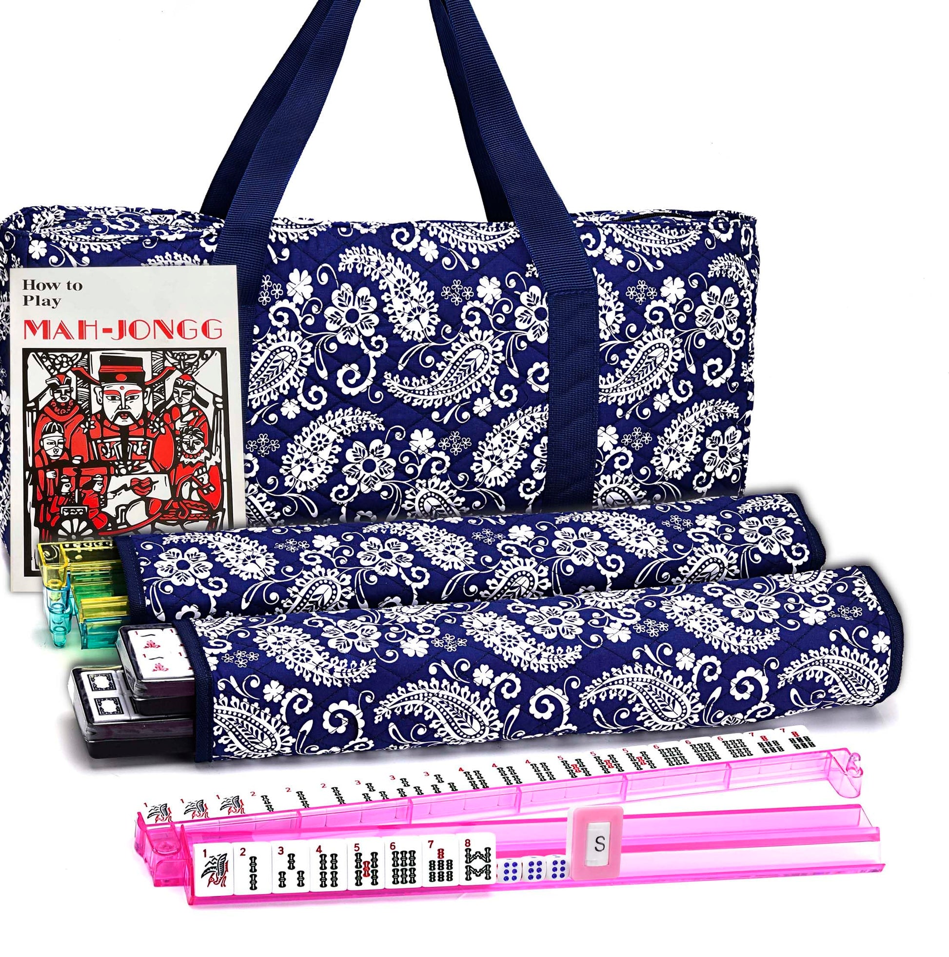 Mose Cafolo American Mahjong Set, Blue Paisley Carrying Bag,166 Premium White Tiles,4 All-in-One Color Rack/Pushers Complete Mahjong Tiles Set (Ma