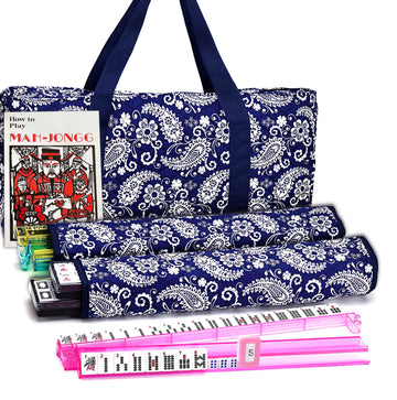 Mose Cafolo American Mahjong Set, Blue Paisley Carrying Bag,166 Premium White Tiles,4 All-in-One Color Rack/Pushers Complete Mahjong Tiles Set (Ma