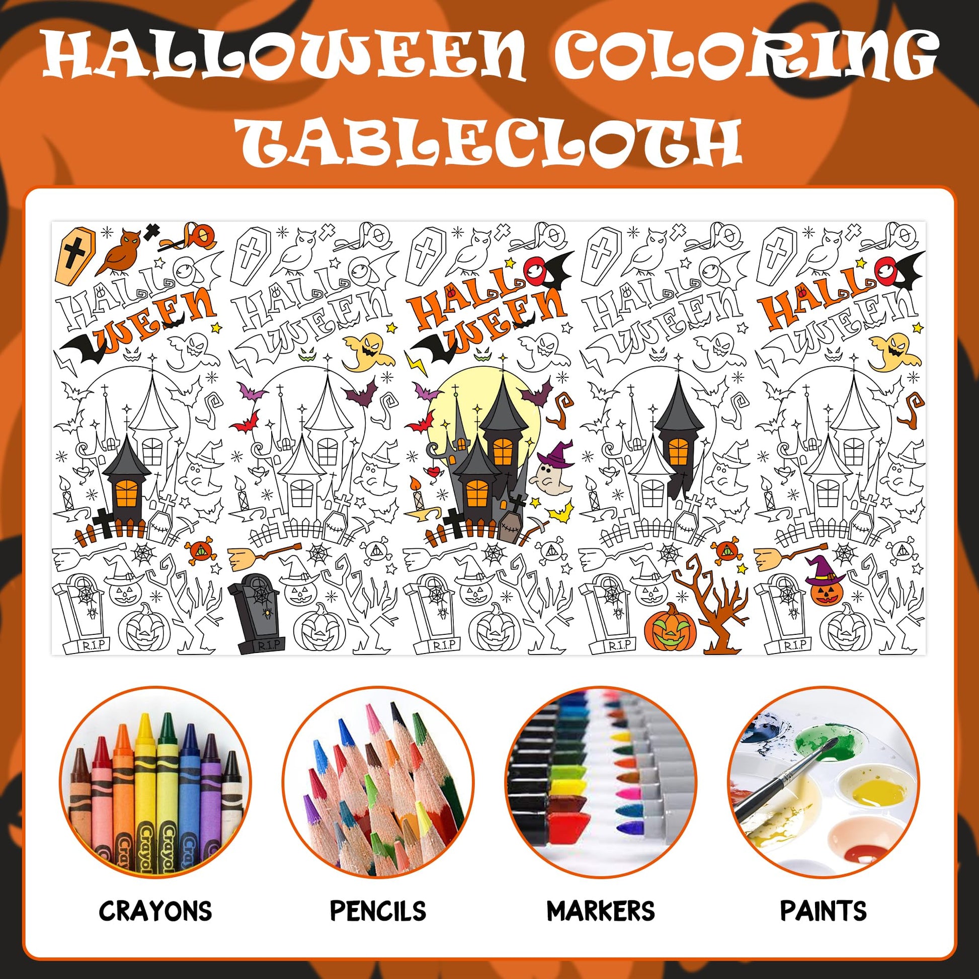 Labeol 2 Pack Halloween Tablecloth, 108"x 54" Halloween Coloring Tablecloth for Kids, Pumpkin Ghost Bat Castle Coloring Table Cover for Winter Party