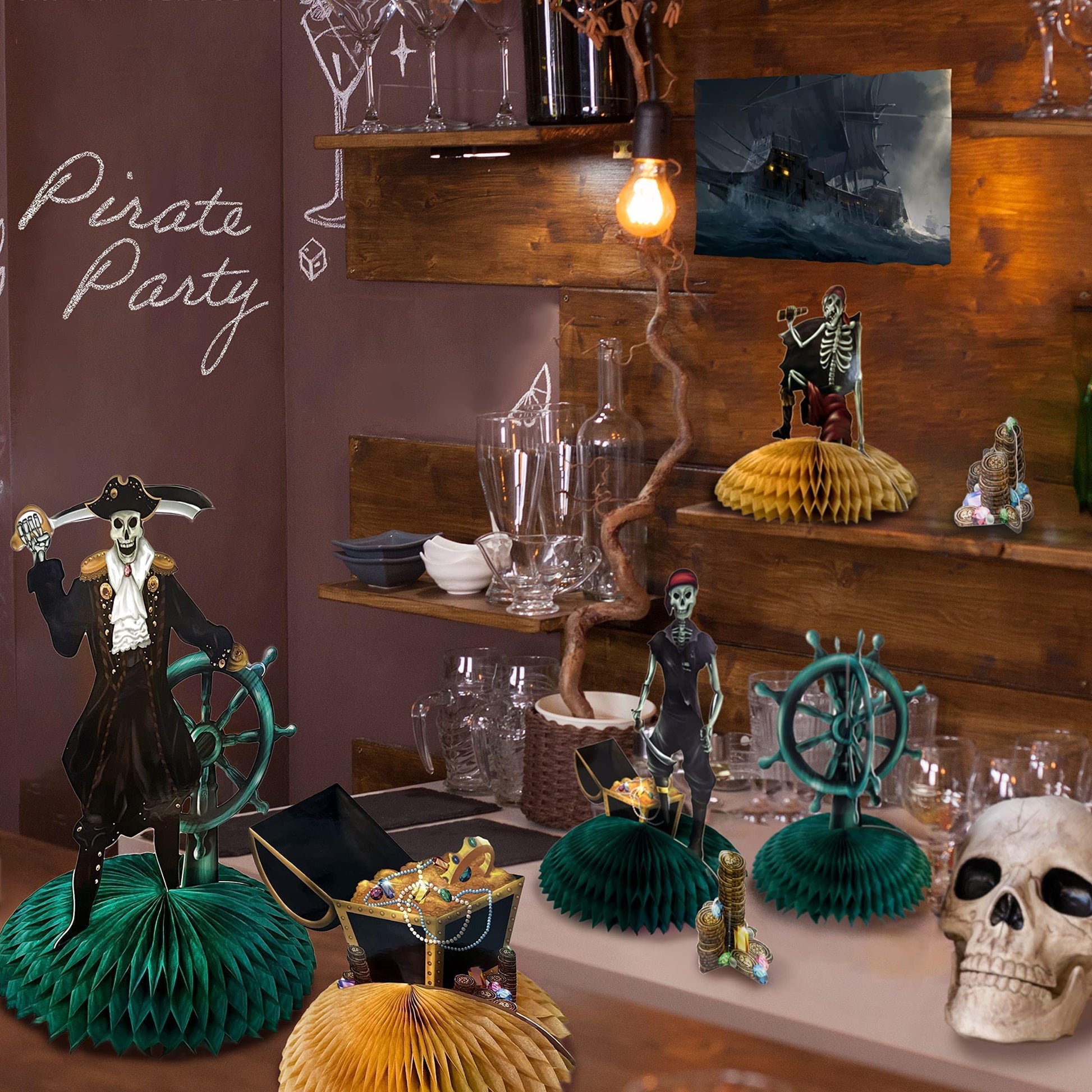 Cheerland Pirate Decorations Halloween Pirate Party Decoration Skull Centerpiece Table Decor Pirate Theme Birthday Decorations for Boy Skeleton Pirate