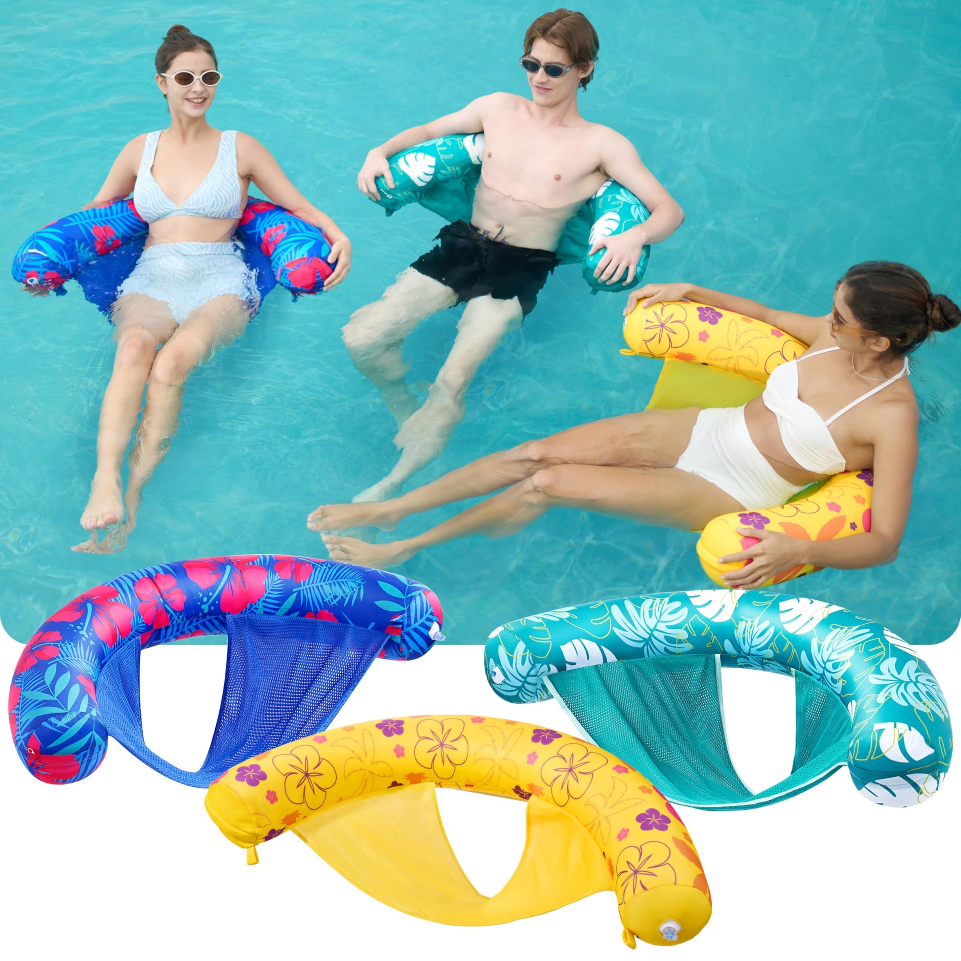 Sloosh Inflatable Pool Float Chairs for Adults, 3 Packs Floating Noodle Chair Sling Floaties with Tropical Design for Swimming Pool Water Chair Pool
