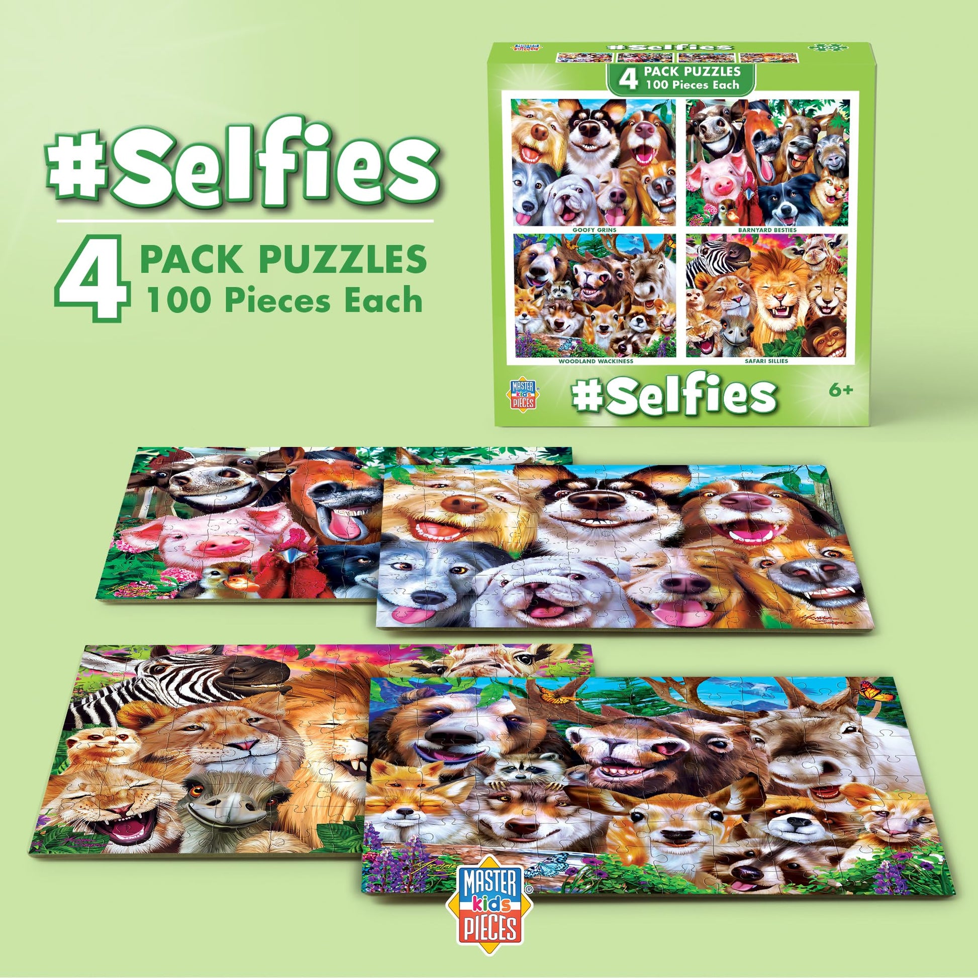 MasterPieces - Jigsaw Puzzle Set for Kids 6+ Years, 4-Pack of 100 Pieces, Educational and Fun Game, Silly Animals Collection, Gift Idea for Children