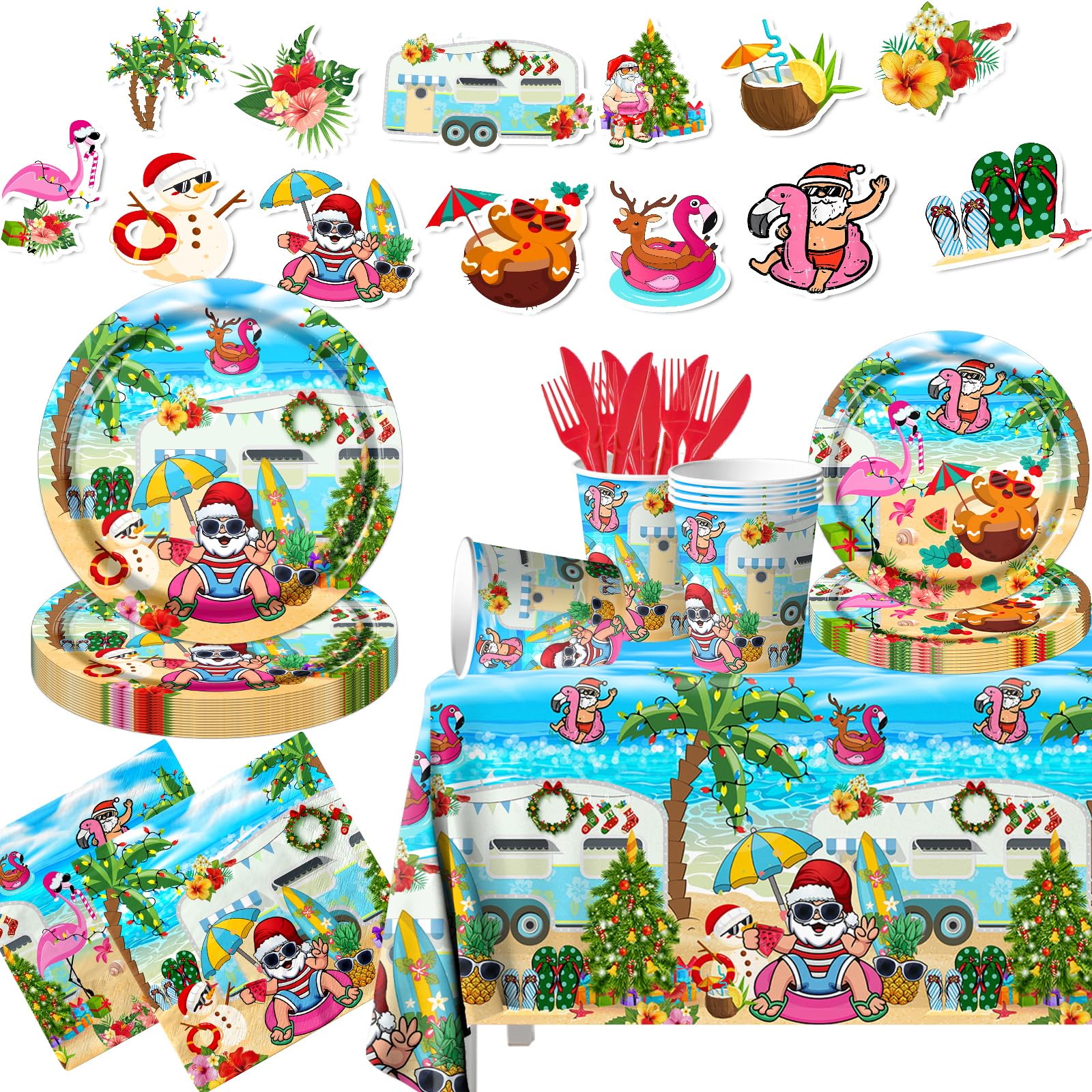 142pcs Summer Christmas Plates Tableware Set Summer Beach Hawaiian Santa Plates Napkins Cups for Summer Pool Mele kalikimaka Tropical Christmas Luau