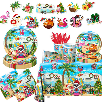 142pcs Summer Christmas Plates Tableware Set Summer Beach Hawaiian Santa Plates Napkins Cups for Summer Pool Mele kalikimaka Tropical Christmas Luau