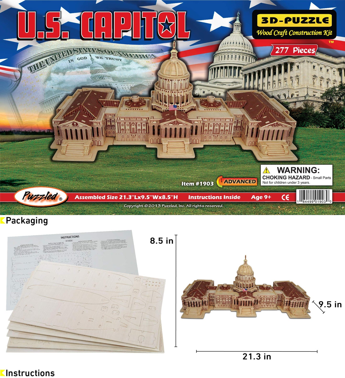 Puzzled 3D Puzzle The US Capitol Building Wood Craft Construction Model Kit Educational DIY Wooden Toy Assemble Model Unfinished Crafting Hobby Puzzle