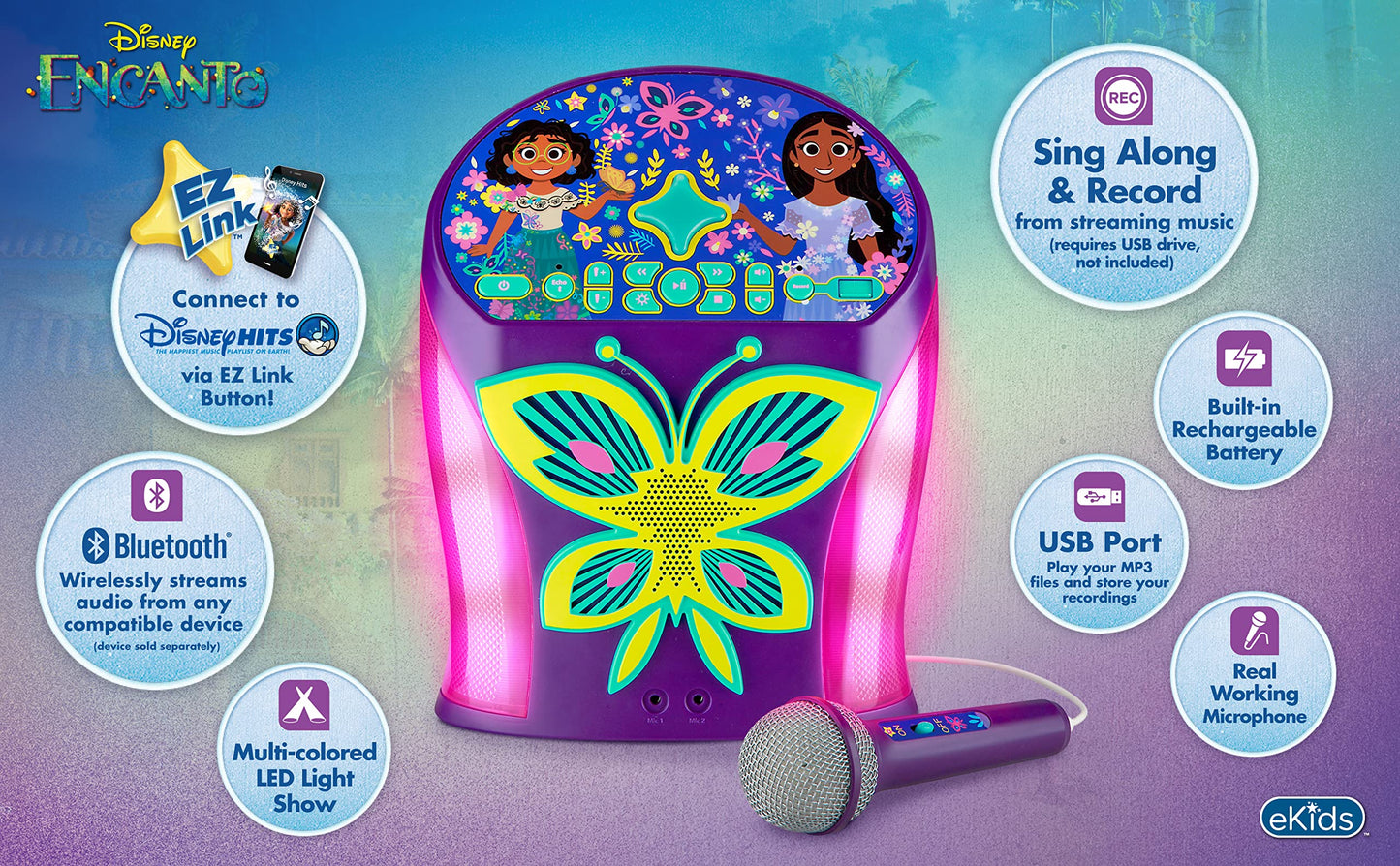 eKids Disney Encanto Karaoke Machine, Bluetooth Speaker with Microphone for Kids, with USB Port to Play Music, Easily Access Playlists with New EZ