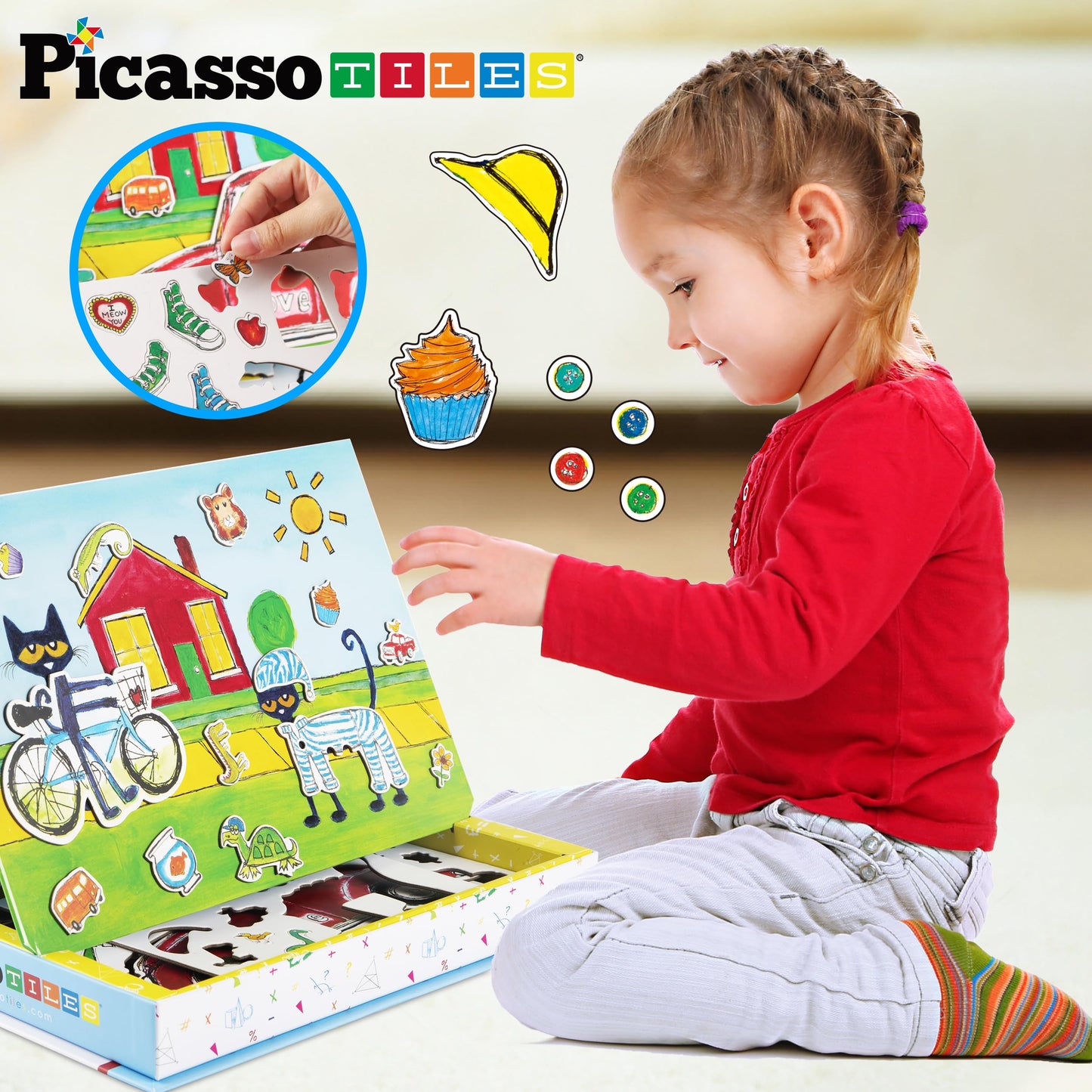 PicassoTiles Pete The Cat 80pc Magnetic Board Game Puzzle Playset Reusable Mix & Match Cartoon Toy with Storytelling, STEM Learning Activity Book