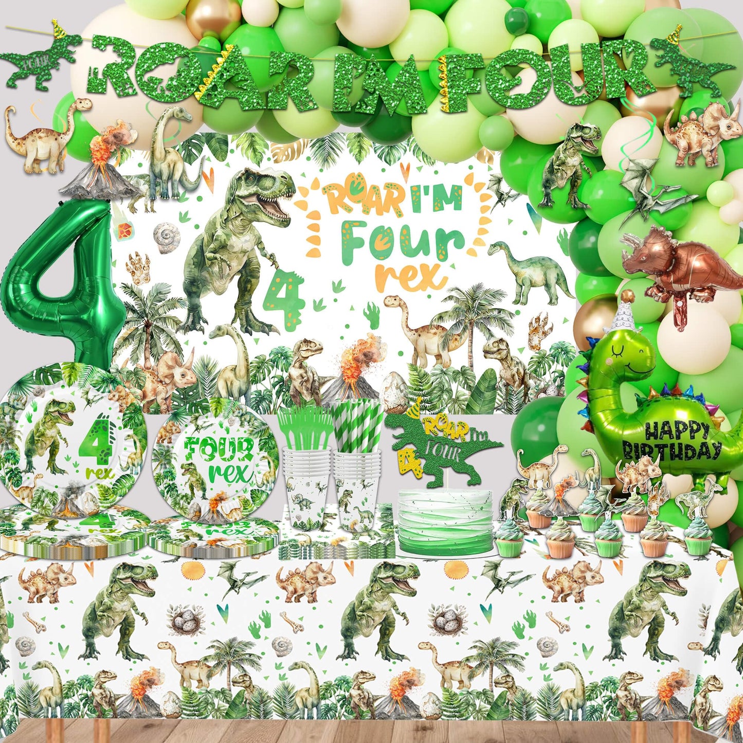 318 Pcs Dinosaur 4th Birthday Decorations for Boy, Dino Roar I'm Four Party Supplies, 20 Serves Include Plates, Cups, Napkins, Backdrop, Tablecloth