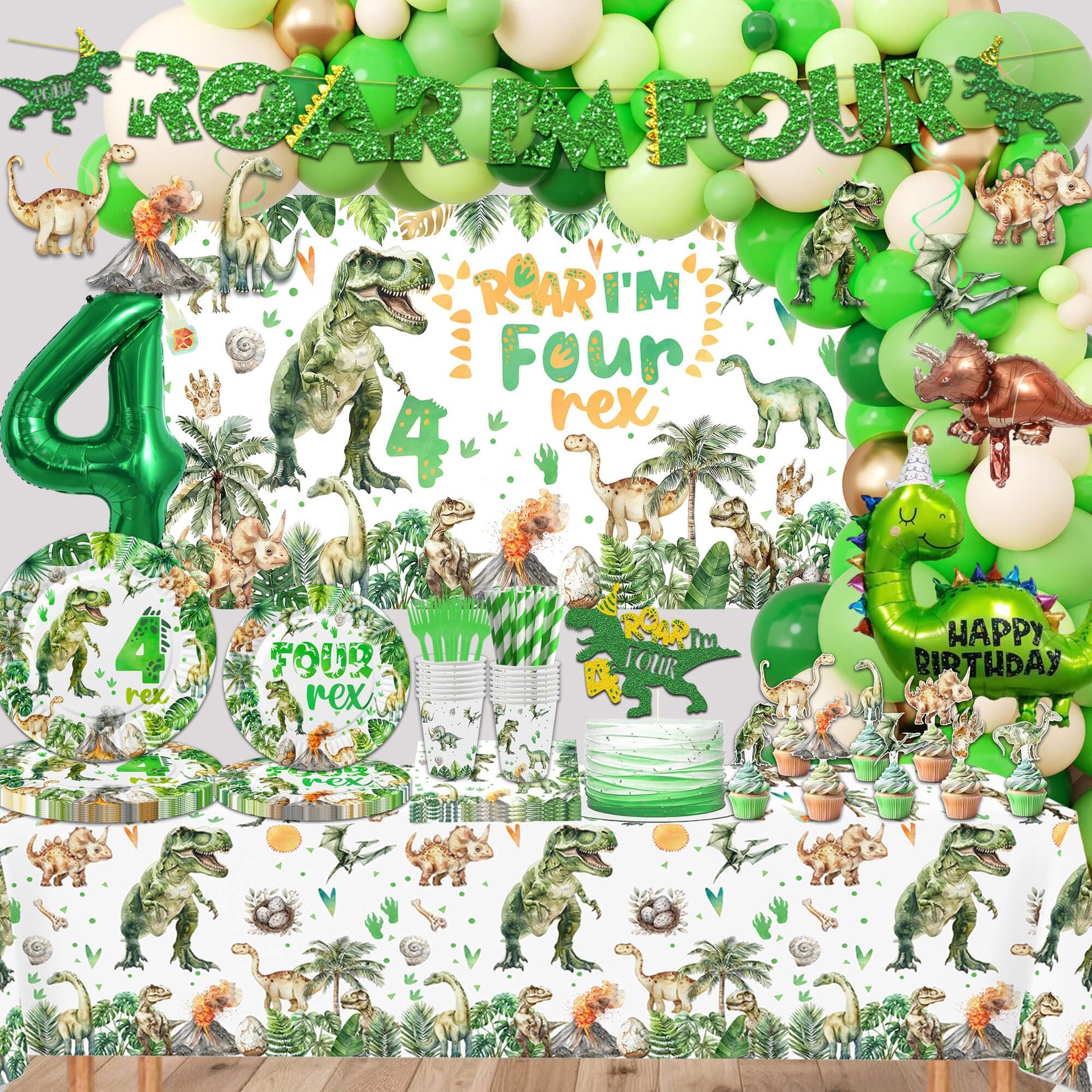 318 Pcs Dinosaur 4th Birthday Decorations for Boy, Dino Roar I'm Four Party Supplies, 20 Serves Include Plates, Cups, Napkins, Backdrop, Tablecloth