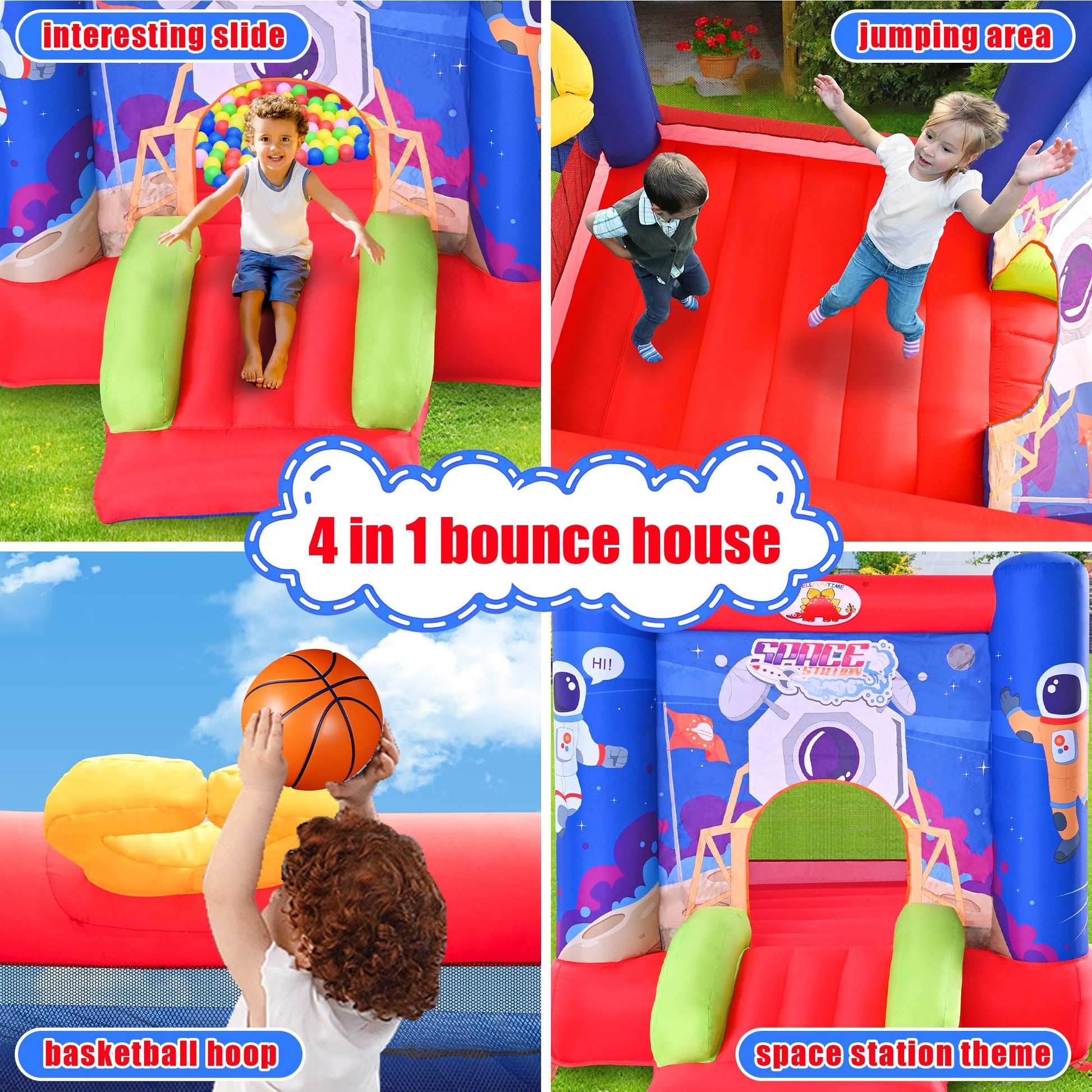 WELLFUNTIME Inflatable Bounce House Jumping Castle Slide with Blower, Kids Bouncer with Basketball Rim, 110x82.5x72.8 Inch Bouncy Castle
