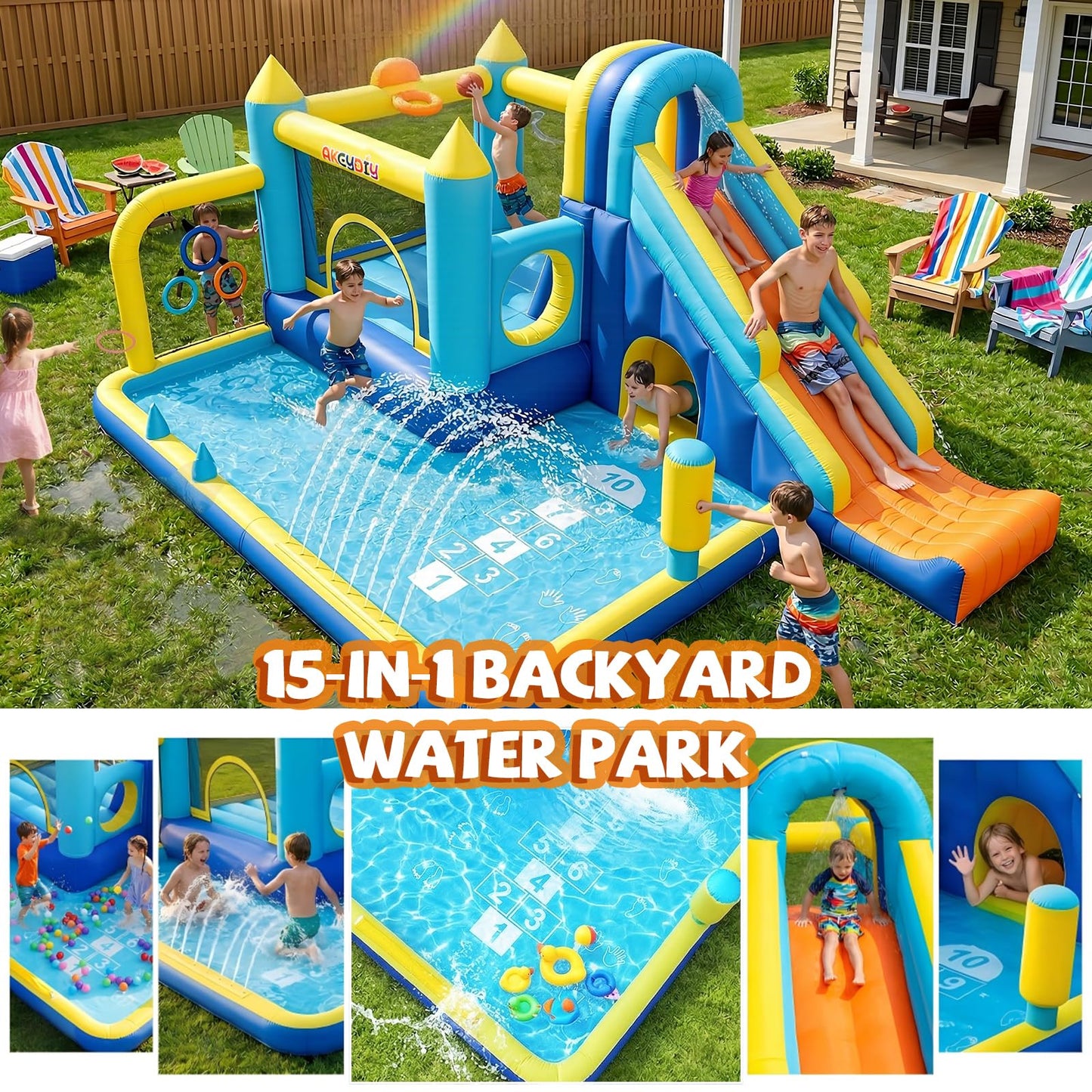 AKEYDIY Inflatable Bounce House, 15-in-1 Big Water Slide Backyard for Kids 3-12, Outdoor/Indoor Jumping Castle with with Jumping Area, Long Slide
