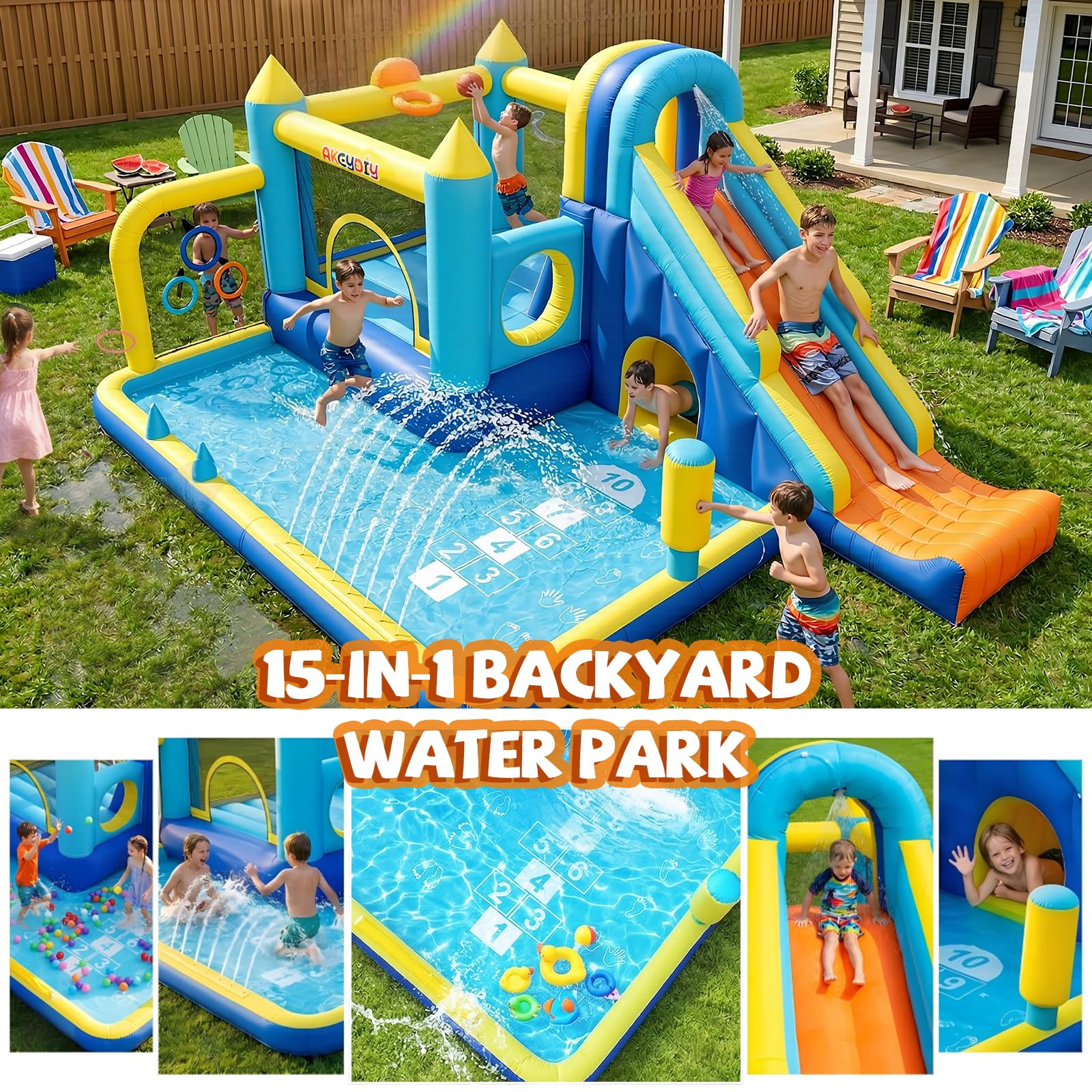 AKEYDIY Inflatable Bounce House, 15-in-1 Big Water Slide Backyard for Kids 3-12, Outdoor/Indoor Jumping Castle with with Jumping Area, Long Slide