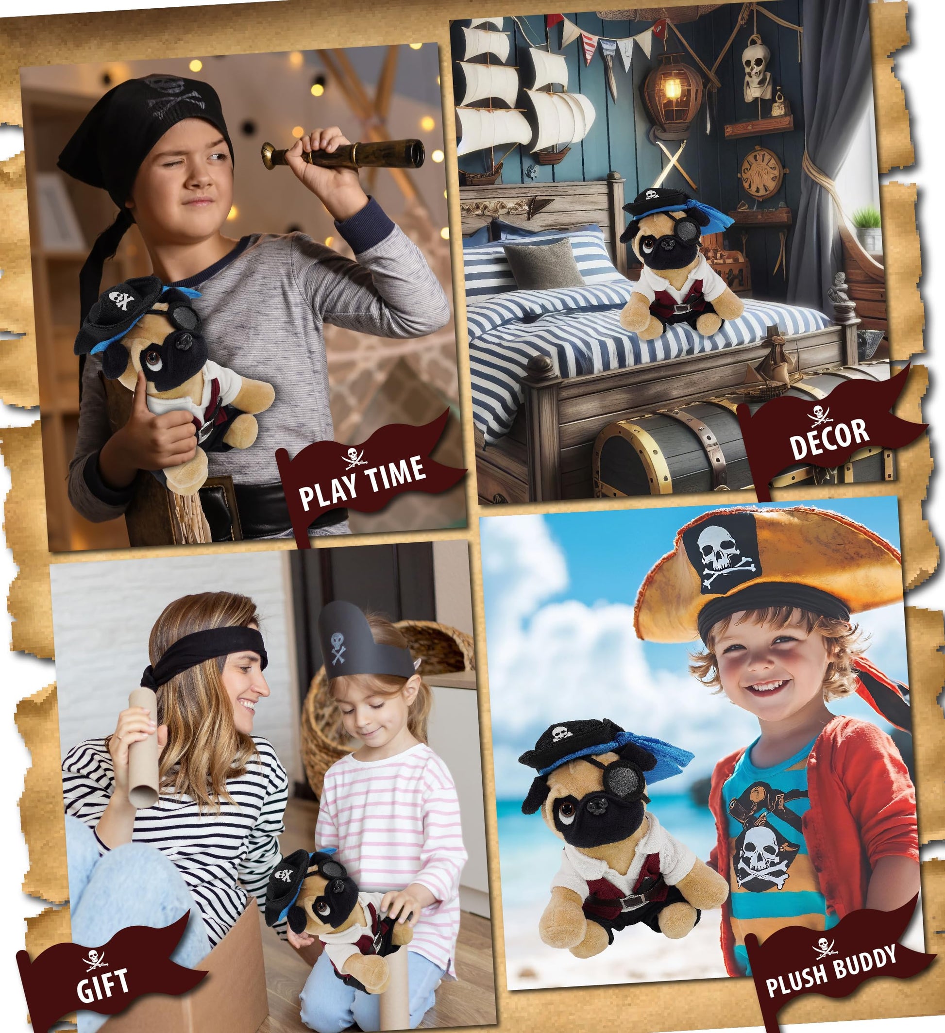 DolliBu Pug Dog Stuffed Animal with Pirate Dress Up and Name Personalization - Sea Adventure Plush Toy with Cute Pirate Costume - Hat, Shirt, Pants