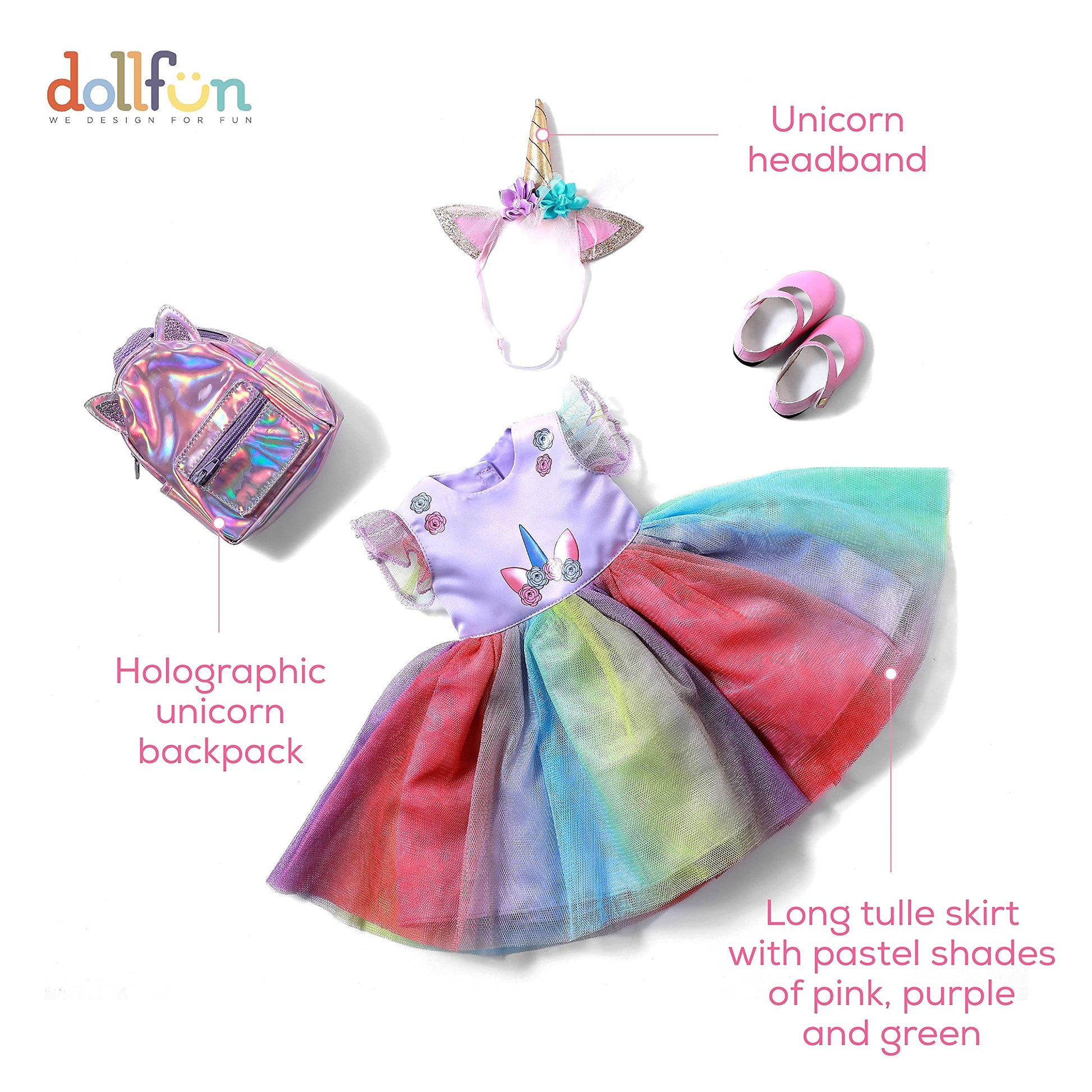 DOLLFUN 18 inch Doll Clothes and Accessories, Unicorn Dress Set Includes Shoes, Unicorn Headbands & Backpack(Compatibie with Most 18 Inch Doll)