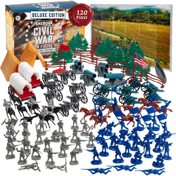 Civil War Army Men Toy Soldier Action Figure Deluxe Playset -120pc with Confederate & Union Soldiers, Cannons, Wagons, Rideable Horses, Terrain
